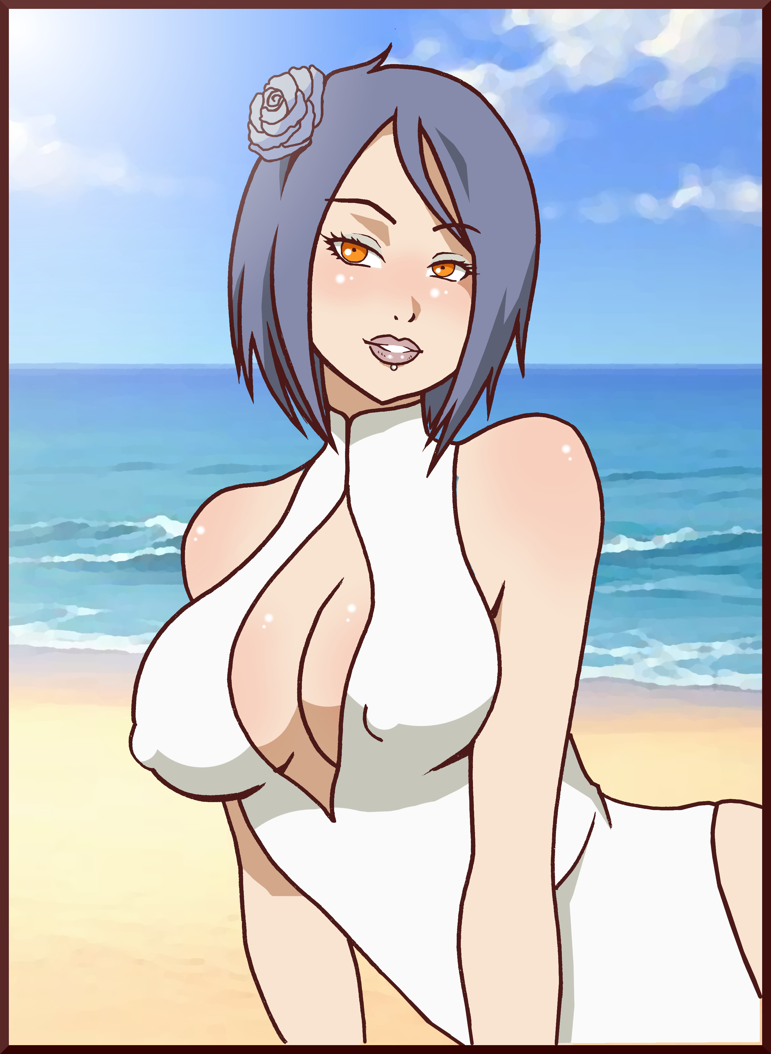 1girls, bare arms, bare shoulders, beach, big breasts, blue hair, blue sky, blush, body blush, border, breasts, busty, center opening, clavicle, cleavage, clouds, curvaceous, curvy, curvy female, curvy figure, erect nipples, erect nipples under clothes, eyebrows visible through hair, eyeshadow, facial piercing, female, female only, flower, hair flower, hair ornament, konan, lipstick, long hair, makeup, naruto, naruto (series), naruto shippuden, nipples, ocean, on side, one-piece swimsuit, orange eyes, outdoors, parted lips, piercing, puffy nipples, purple lipstick, sand, seductive, seductive eyes, seductive look, seductive smile, shiny, shiny skin, shoulder length hair, skindentation, smile, smiling, solo, solo female, solo focus, sunlight, swimsuit, tonxubramando, water, white swimsuit, wide hips
