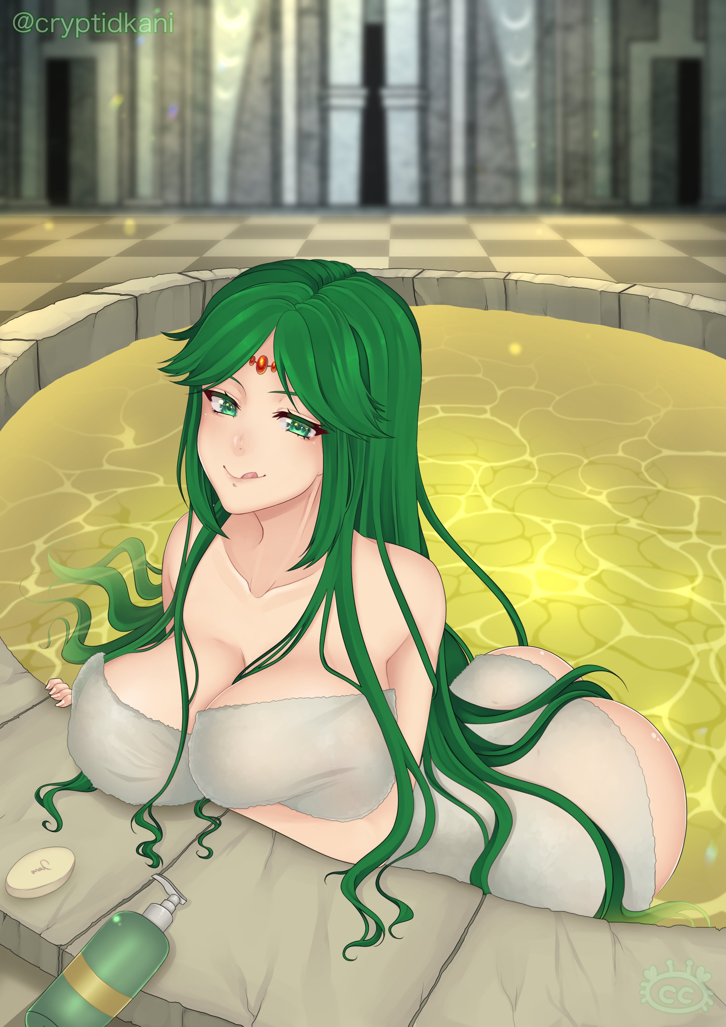 :p, 1girls, ass, bath, big ass, breasts, cleavage, cryptid crab, female, green eyes, green hair, hot spring, huge breasts, kid icarus, leaning forward, licking lips, long hair, naked towel, nintendo, onsen, palutena, smile, soap, solo, towel