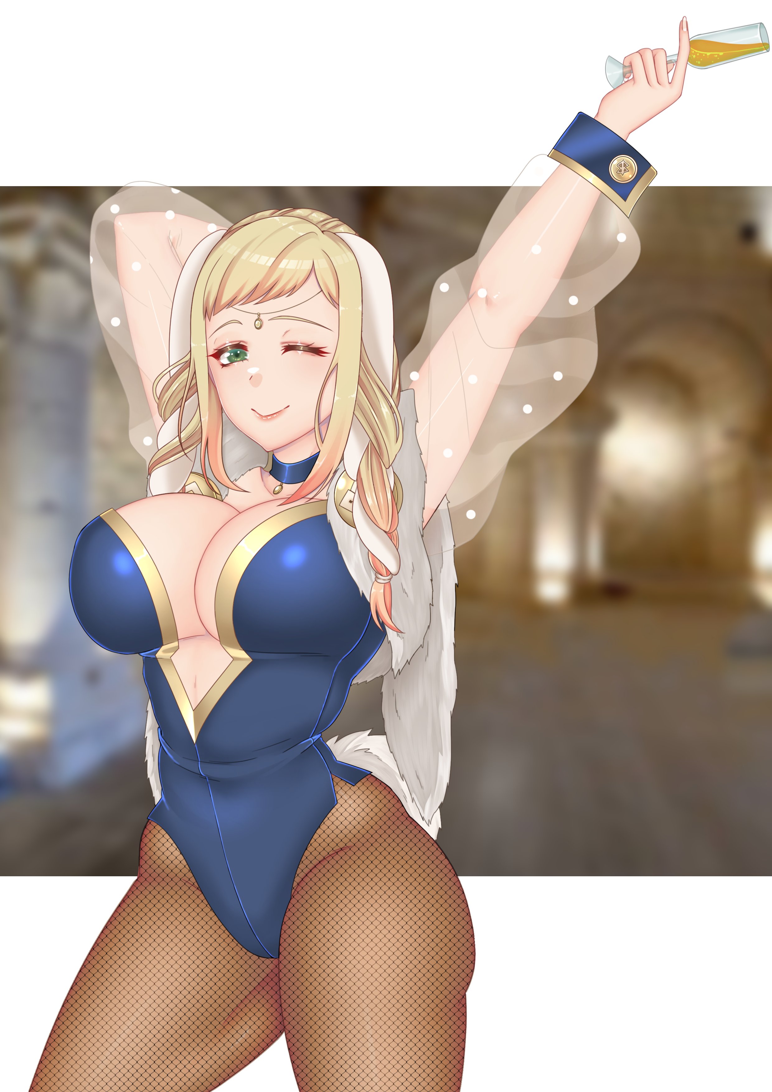 1girls, 2021, 2d, 2d (artwork), alcohol, alternate costume, blonde hair, braid, breasts, bunny ears, bunny girl, bunnysuit, cryptid crab, drink, female, female only, fire emblem, fire emblem heroes, fishnet legwear, fishnets, glass, green eyes, henriette (fire emblem), huge breasts, human, human only, looking at viewer, mature female, milf, multicolored hair, nintendo, one eye closed, questionable, see-through, smile, solo, solo female, stretching, twin braids, twintails, wink, winking at viewer
