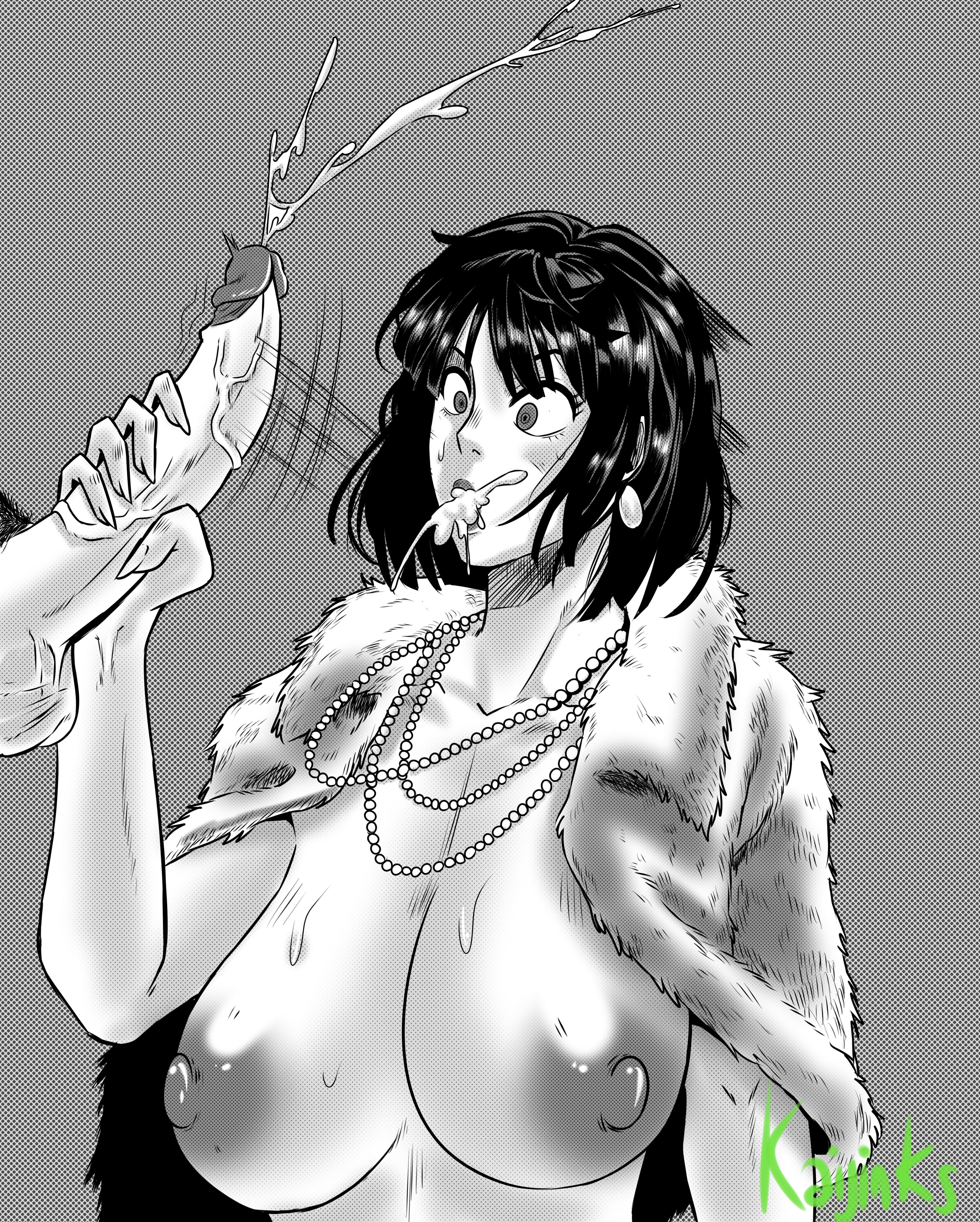 1boy, 1girls, big breasts, big penis, breasts, cum, cum in mouth, ejaculation, fellatio, female, fubuki (one-punch man), fur coat, handjob, hi res, highres, kaijinks, large breasts, male, monochrome, one-punch man, oral, penis, surprised, topless