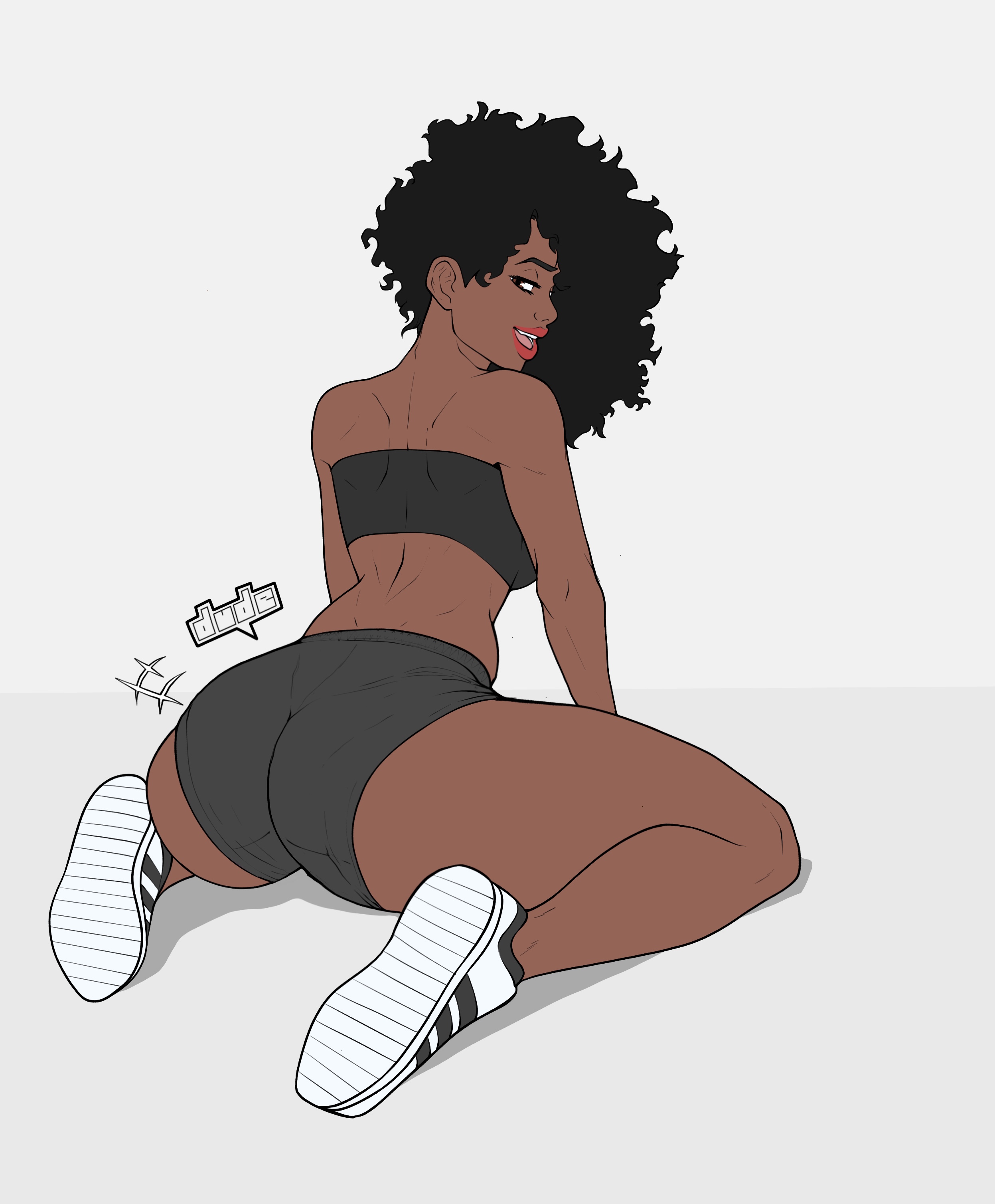 1girls, afro, ass, back, big ass, booty shorts, dark skin, dark-skinned female, dude-doodle-do, female, fit, fit female, from behind, lips, long hair, looking at viewer, looking back, open mouth, pinup, shorts, sneakers, tubetop, underwear, wariza, white background