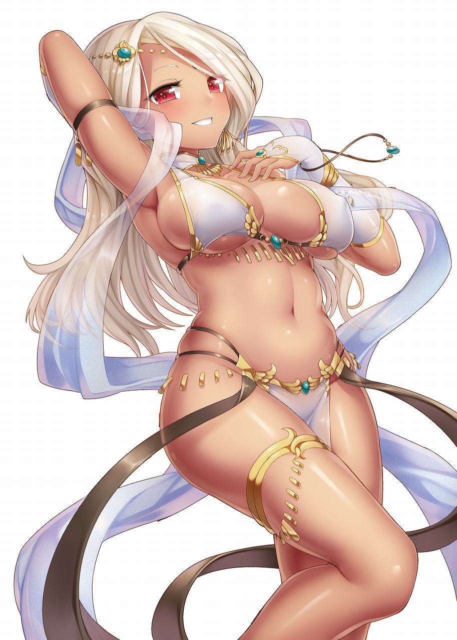 armlet, armpits, artist request, bikini, blonde hair, blush, bracelet, breasts, bridal gauntlets, circlet, dancer, dark skin, dark-skinned female, earrings, female, harem outfit, highres, jewelry, large breasts, loincloth, long hair, looking at viewer, navel, necklace, original, pelvic curtain, red eyes, sash, smile, tan