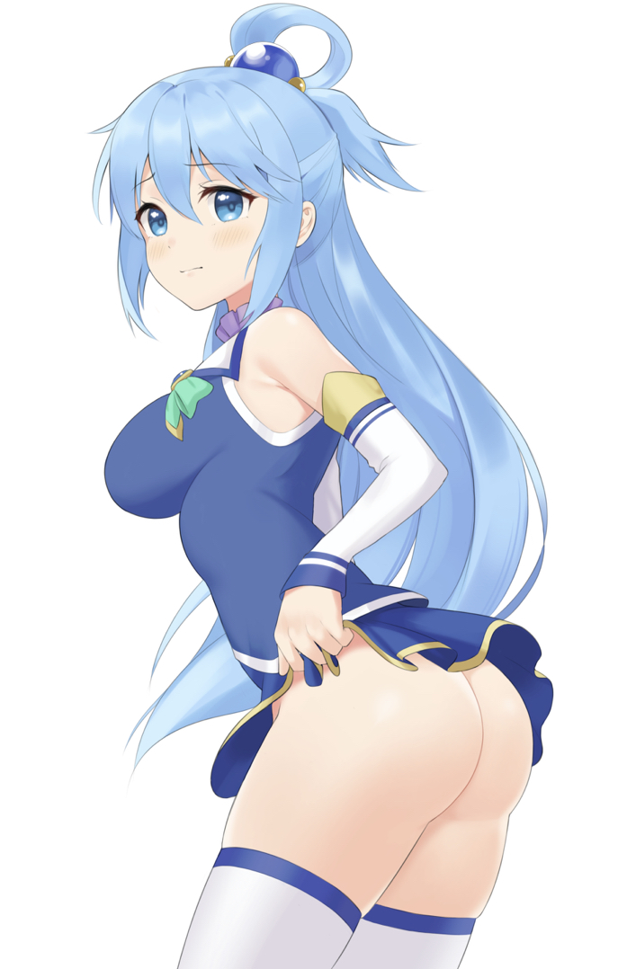 1girls, aqua (konosuba), ass, blue eyes, breasts, detached sleeves, female, female only, haeil2, kono subarashii sekai ni shukufuku wo!, skirt, skirt lift, solo