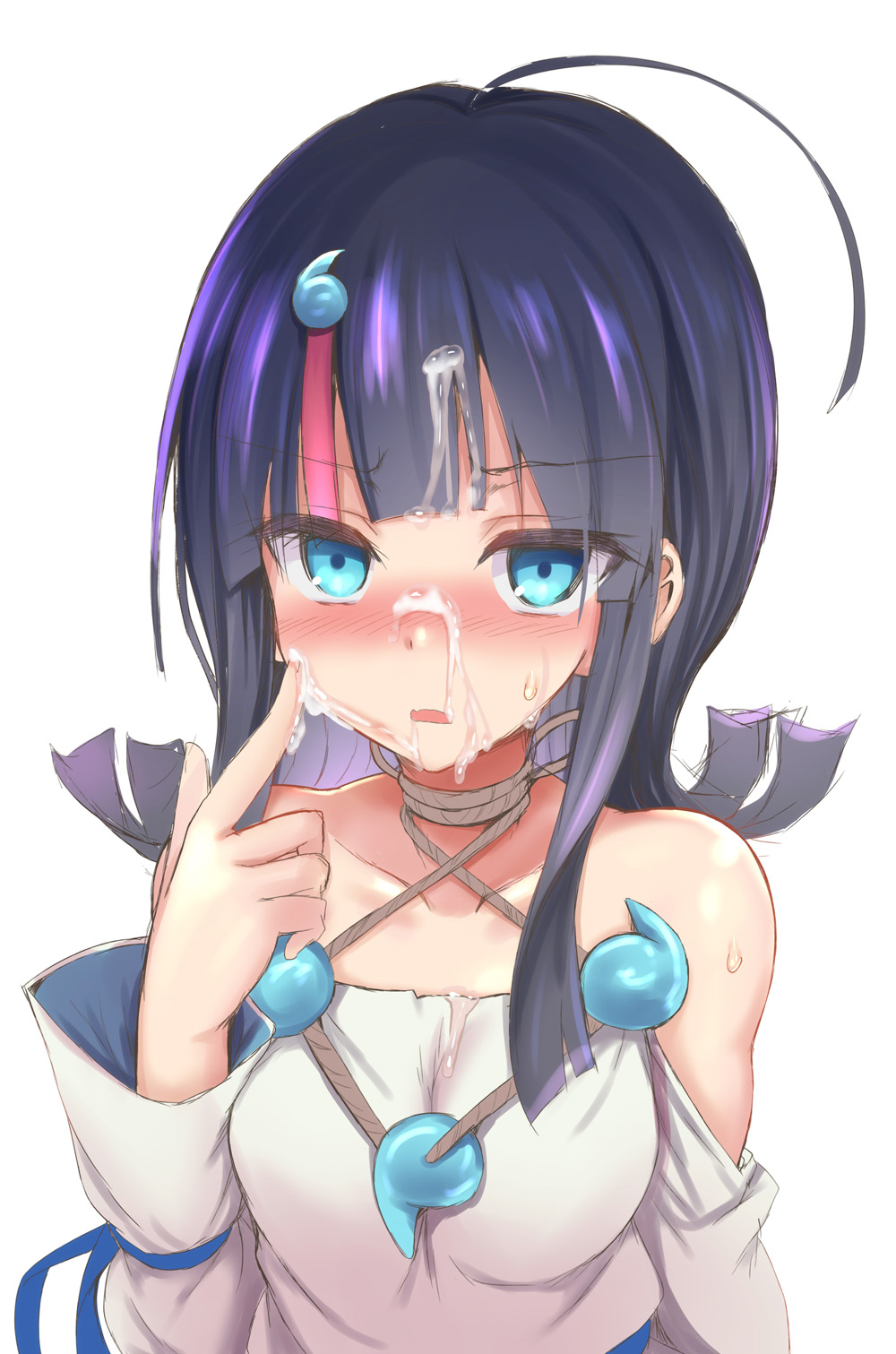 bangs bare_shoulders black_hair blue_eyes blue_ribbon blush breasts collarbone cum cum_on_hair dress facial fate/grand_order fate/requiem fate_(series) female highres jewelry large_breasts long_sleeves looking_at_viewer magatama magatama_hair_ornament magatama_necklace medium_hair multicolored_hair necklace open_mouth pink_hair puffy_long_sleeves puffy_sleeves ribbon sen_(astronomy) sideboob sideless_outfit solo streaked_hair utsumi_erise white_dress