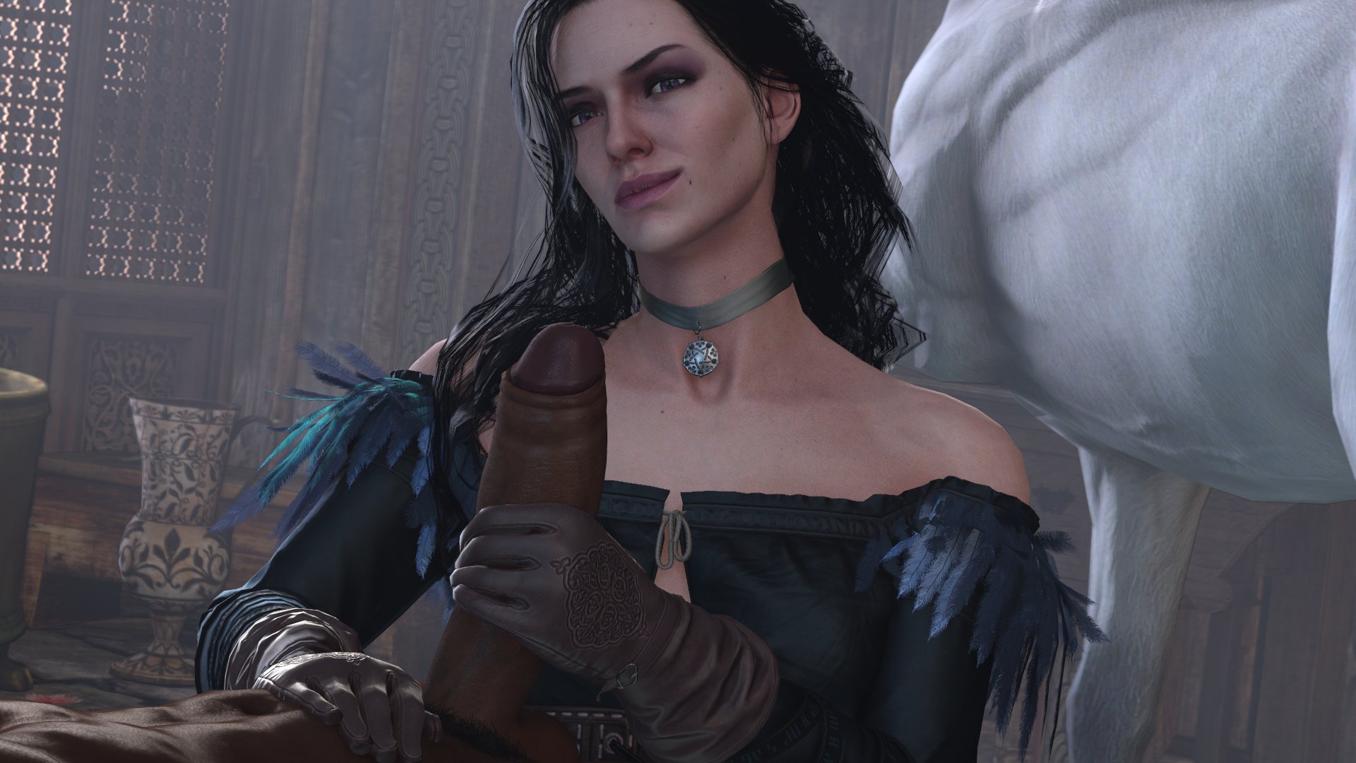1boy, 1girls, 3d, big penis, black hair, breasts, cd projekt red, choker, dark skin, dark-skinned male, female, foreskin, gloves, handjob, holding penis, interracial, jewelry, male, naked, necklace, nude, nude female, nude male, partially clothed, partially clothed female, penis, pubes, pubic hair, purple eyes, stephanie23, the witcher, the witcher 3: wild hunt, uncircumcised, uncut, yennefer
