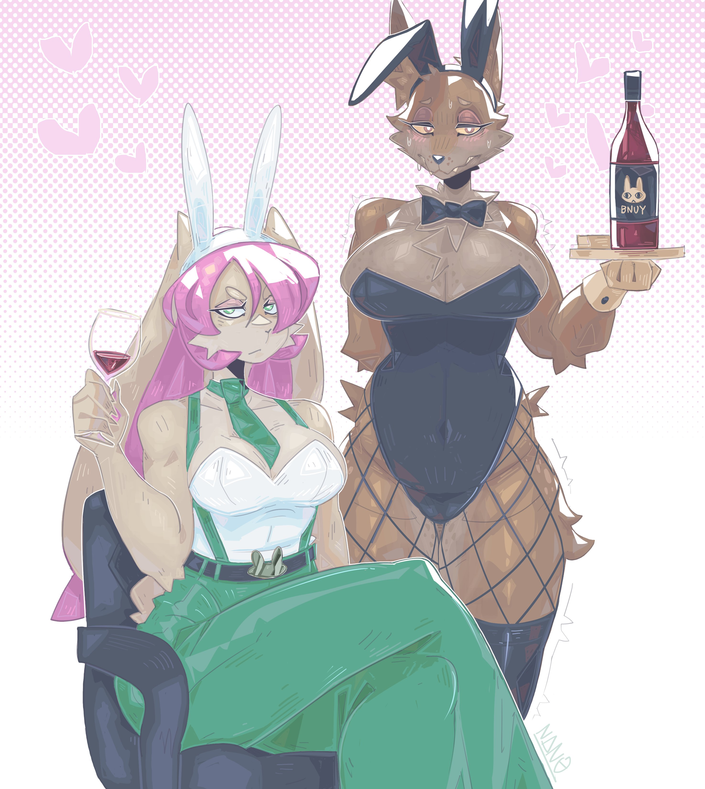 2girls, anthro, big breasts, blush, bowtie, breasts, bunny ears, bunny girl, bunnysuit, cleavage, dog ears, dog girl, embarrassed, fangs, faygo (foxtoad), female, fishnets, furry, furry female, gloves, handler (foxtoad), leotard, looking at viewer, nanokindred, navel, original, original character, pink hair, smile, thighhighs