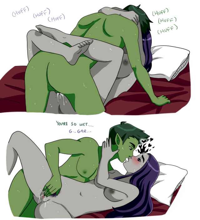 1boy, 1girls, aged up, bbrae, beast boy, bed, bedsheets, big breasts, blush, breasts, cartoon network, clitoral stimulation, clitoris, completely nude, cum, cum inside, dc, dc comics, demon, demon girl, dialogue, female, female/male, french kiss, garfield logan, green eyes, green hair, green skin, grey skin, hand on pussy, intimate, kissing, leg lock, long hair, male, metahuman, missionary position, nude, nude female, nudity, panting, pillow, pointy ears, purple eyes, purple hair, pussy, rachel roth, raven (dc), romantic, romantic couple, romantic sex, shock777, spiked hair, superhero, superheroine, teen titans, wholesome