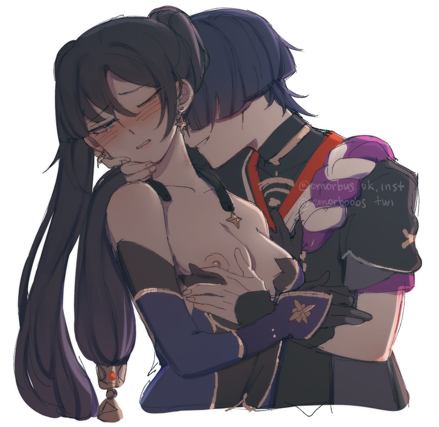 1boy, 1girls, bare shoulders, black hair, blush, breast grab, breasts, earrings, emorboobs, female, genshin impact, gloves, grey eyes, hand on breast, hand on chin, japanese clothes, leotard, long hair, male, mona (genshin impact), nipple slip, nipples, one eye closed, scaramouche (genshin impact), smile, smirk, straight, twintails