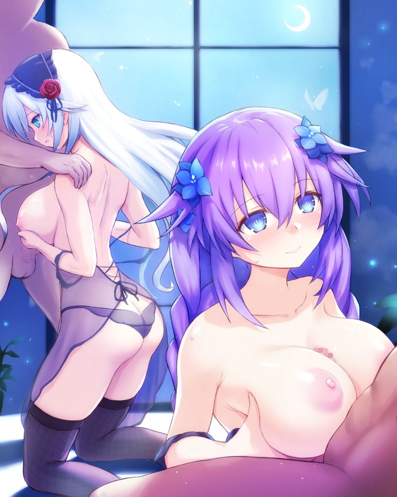 2boys 2girls ass bangs black_heart black_legwear black_panties blue_eyes blush braid breasts censored choujigen_game_neptune flower grabbing_own_breast group_sex hair_flower hair_ornament hairband hhh_(wave) kneeling large_breasts lingerie long_hair mosaic_censoring multiple_boys multiple_girls negligee neptune_(neptunia) neptunia_(series) nipples noire open_mouth paizuri panties penis purple_hair purple_heart_(neptunia) see-through short_hair smile straight strap_slip symbol-shaped_pupils thighhighs twin_braids underwear white_hair