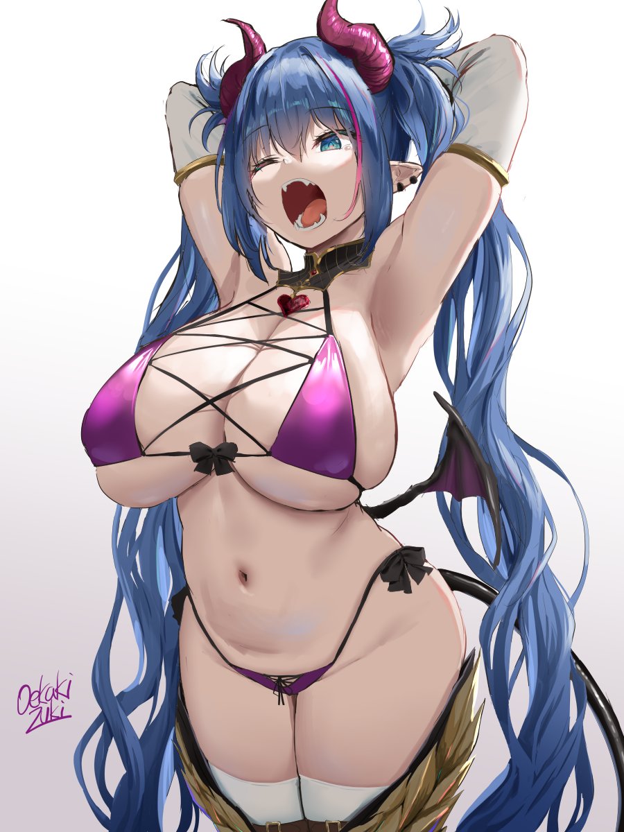 1girls 2021 armpits arms_behind_head arms_up artist_signature barely_contained bat_wings belly_button bikini blue_eyes blue_hair boots bow breasts butt_wings choker demon demon_girl demon_horns detached_sleeves ear_piercing fangs female female_focus female_only heart_pendant highleg_bikini hips huge_breasts long_hair long_tail oekakizuki one_eye_closed open_mouth original original_character pendant_choker pointy_ears purple_bikini side-tie_bikini sideboob simple_background slightly_chubby succubus tail thick_thighs thigh_boots thighhighs thighs twintails underboob very_long_hair white_background white_sleeves white_thighhighs wide_hips wings