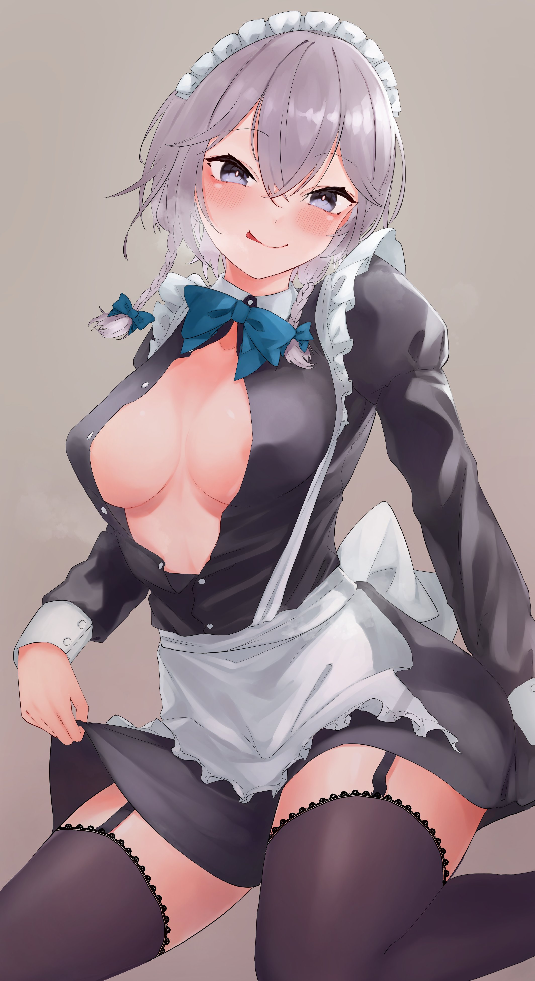 1girls, apron, areola slip, areolae, braid, breasts, cleavage, clothes lift, dress, female, frilled apron, frills, garter straps, large breasts, licking lips, looking at viewer, maid, maid apron, maid headdress, naughty face, sakuya izayoi, silver hair, skirt, skirt lift, solo, steam, steam from mouth, tabey0u, thighhighs, tongue, tongue out, touhou, twin braids, unbuttoned, unbuttoned shirt, zettai ryouiki