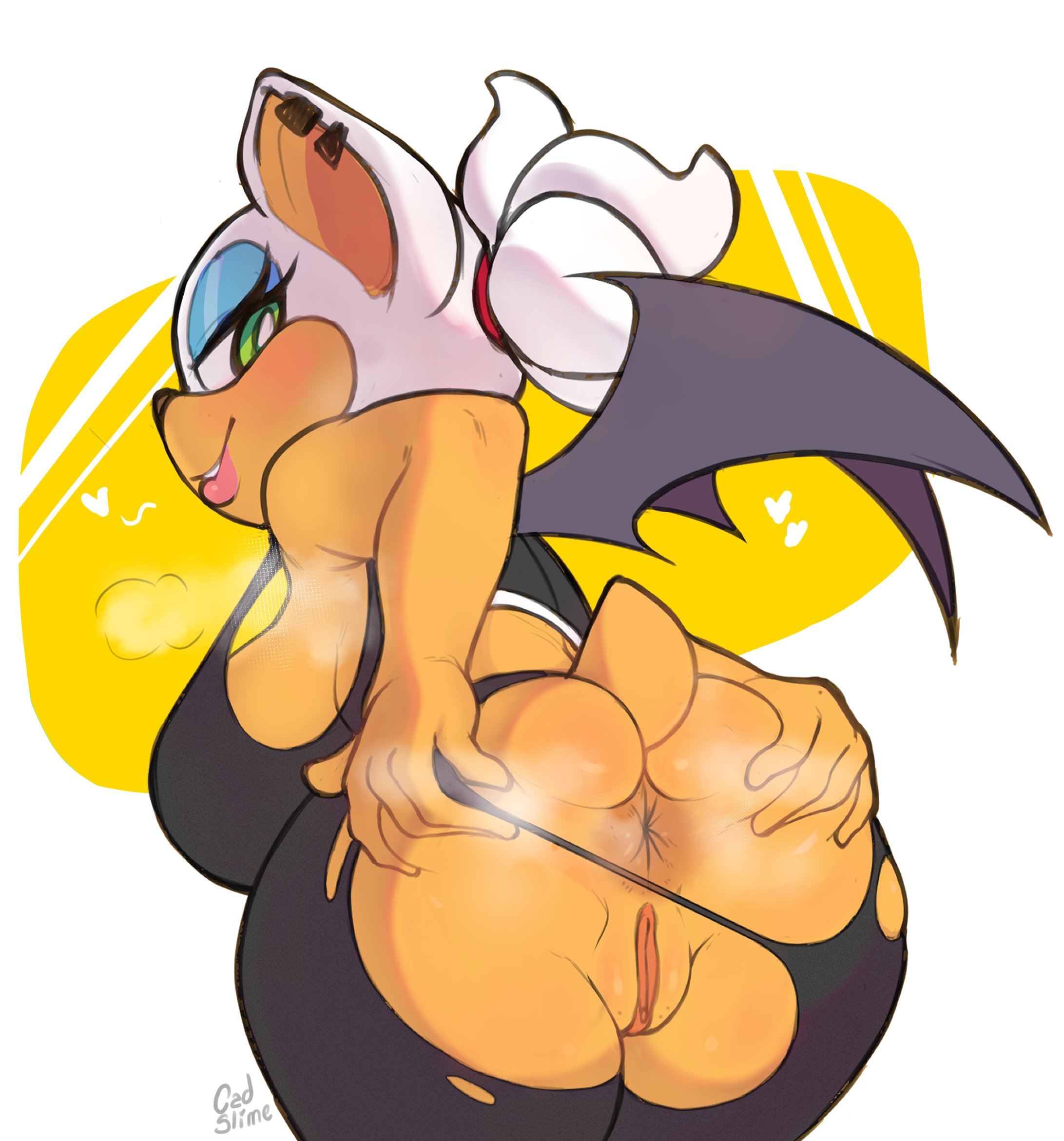 1girls, 5 fingers, animal ears, anthro, anus, artist name, ass, ass grab, bat, big ass, big breasts, blue eyeshadow, blush, breasts, bubble ass, bubble butt, cadslime, chiropteran, clothed, clothes, clothing, eyelashes, eyeshadow, fat ass, female, female only, fur, furry, furry only, green eyes, hands on ass, hi res, huge breasts, large ass, large breasts, looking at viewer, looking back, makeup, mammal, musk, no panties, presenting, presenting anus, presenting hindquarters, presenting pussy, pussy, rouge the bat, sega, short tail, skimpy, smile, solo, solo female, sonic (series), sonic the hedgehog (series), spread ass, spreading, steam, tail, thick ass, thick thighs, torn clothes, torn clothing, video games, white fur, wide hips, wings