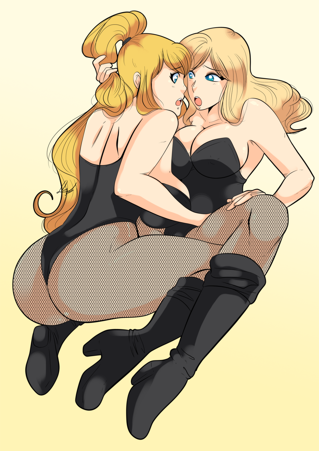 ass big_ass big_butt black_boots black_canary black_canary_(cosplay) black_leotard blonde_hair blue_eyes boots crossover dc dc_comics dinah_lance fishnet_legwear fishnet_pantyhose fishnet_stockings fishnets green_arrow_(series) leotard looking_at_another lufidelis metroid ponytail samus_aran