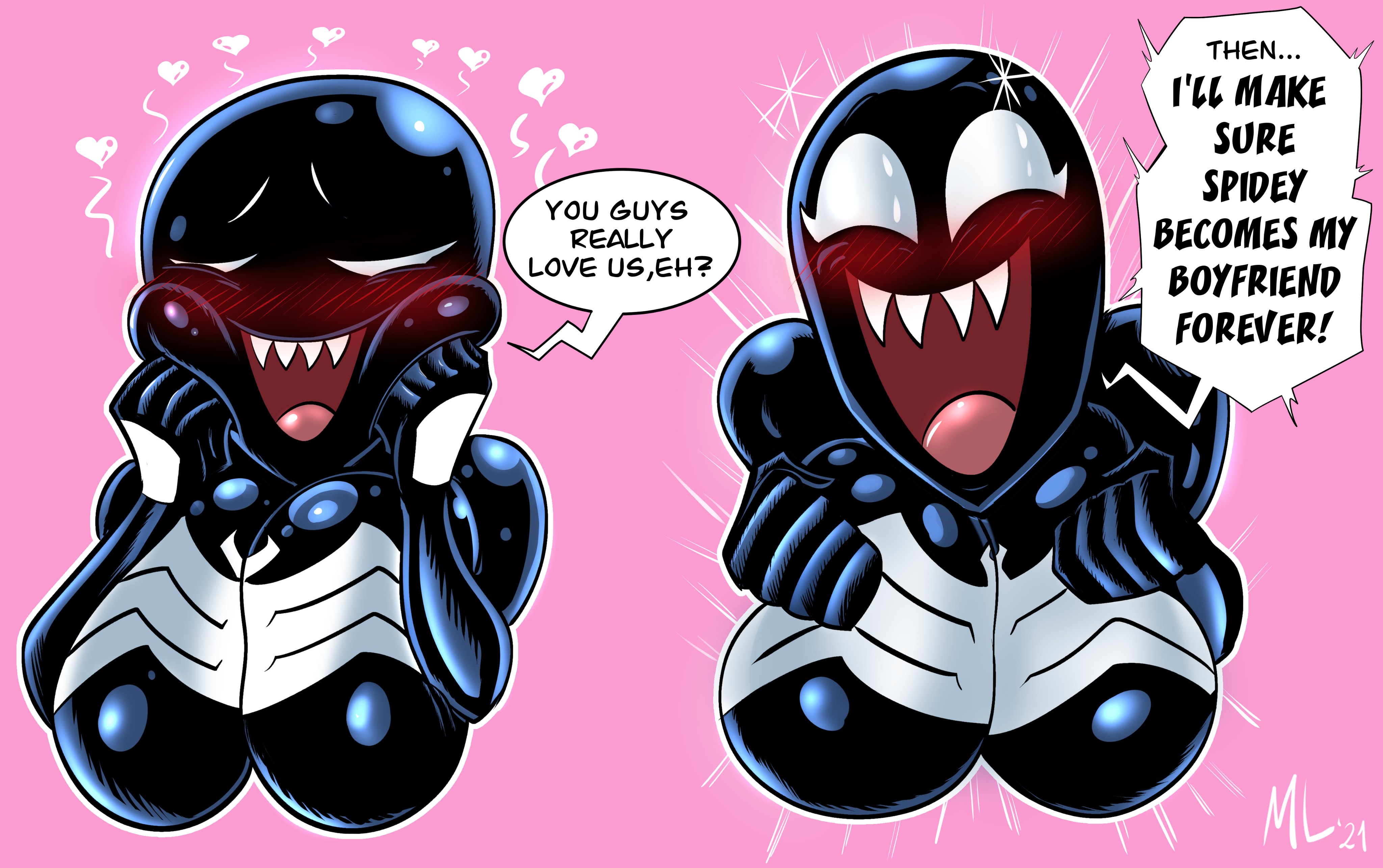 1girls, ameizing lewds, big breasts, black body, black skin, blush, blushing at viewer, breasts, cheeks, closed eyes, cute, cute face, english text, female, female focus, female only, happy, happy face, looking at viewer, love, marvel, marvel comics, open mouth, sharp teeth, she-venom, she-venom (ameizing lewds), smile, smiling, solo, solo female, spider-man (series), teeth, text, venom, venom (marvel), white eyes, wholesome