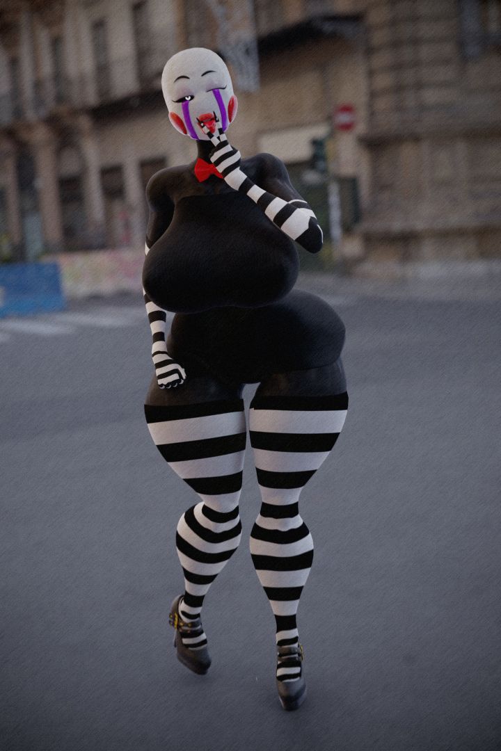 1girls, 3d, animatronic, big breasts, black sclera, blender, bowtie, breasts, classic fnaf 2 marionette, classic fnaf 2 puppet, clothed, clothed female, curvy, female, five nights at freddy's, gloves (marking), heels, high heels, humanoid, lipstick, long fingernails, makeup, marionette (fnaf), original fnaf 2 marionette, original fnaf 2 puppet, puppet (fnaf), solo, solo female, solo focus, sunr4y, sunr4y w0rksh0p, thick thighs, tongue, tongue out, white eyes