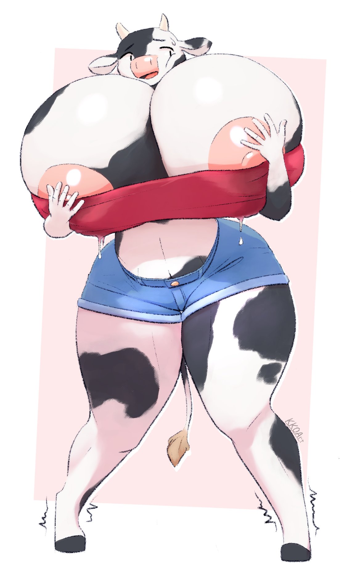 anthro, areola slip, blue shorts, bovine, breasts, breasts bigger than head, cow, female, fur, grabbing own breast, hand on breast, huge breasts, jean shorts, kkoart, lactation, lactation through clothes, lactation without expressing, massive breasts, motion lines, pink nipples, pink nose, sweatdrop, thick thighs, thin waist, visible nipples, wide hips