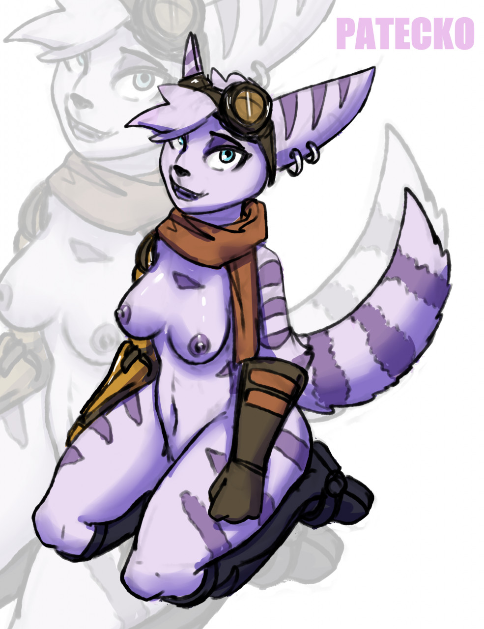 anthro blue_eyes clothing female goggles goggles_on_head lombax markings mostly_nude nude patecko purple_body purple_fur purple_hair purple_markings ratchet_and_clank ratchet_and_clank:_rift_apart rivet_(ratchet_and_clank) scarf