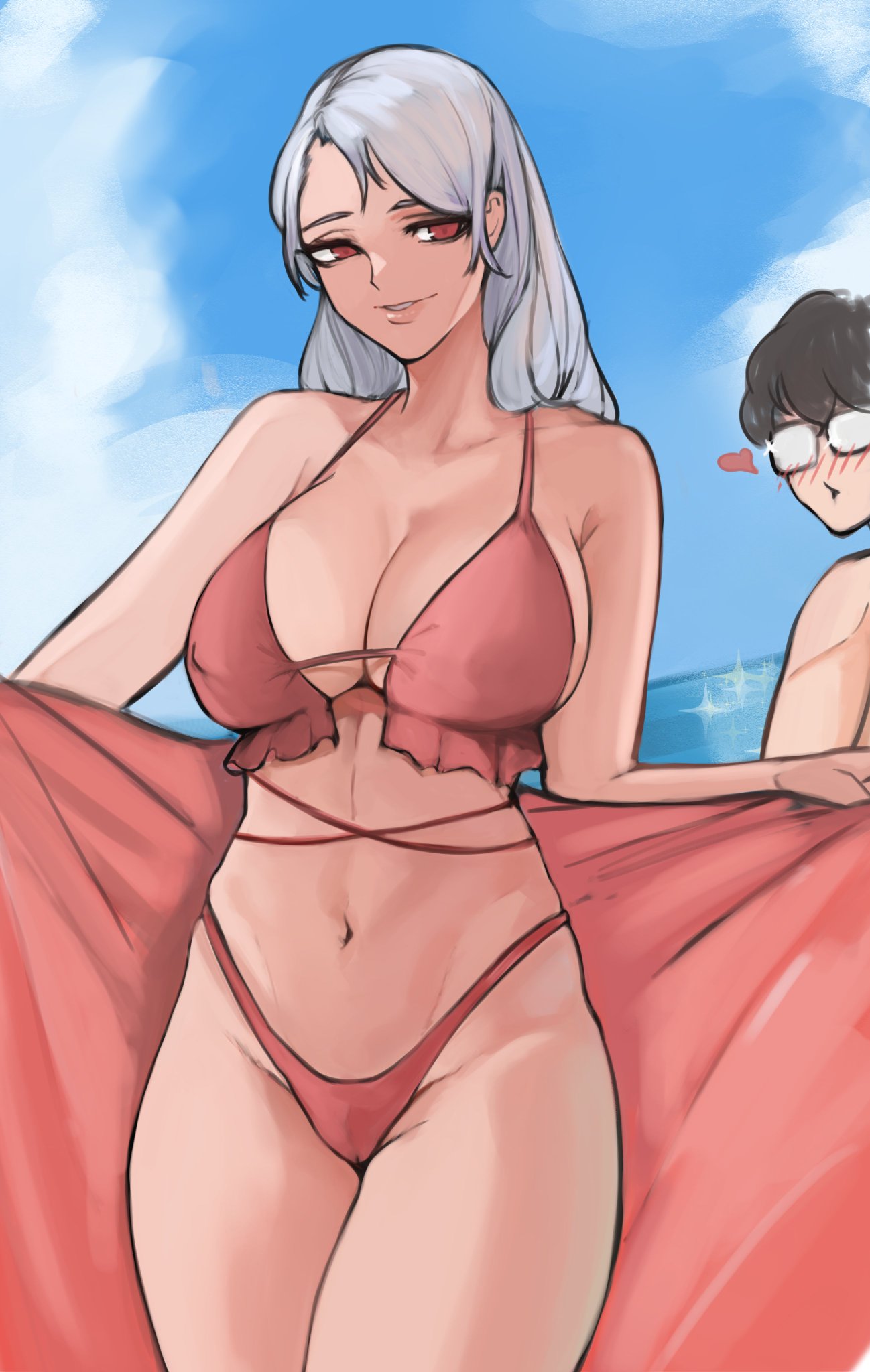 1boy, 1girls, akira kurusu, beach, belly, big breasts, bikini, bikini bottom, bikini top, blush, breasts, cloud, female, glasses, heart-shaped pupils, large breasts, male, nero watch, persona, persona 5, persona 5 royal, persona 5 scramble: the phantom strikers, red bikini, red bikini bottom, red bikini top, red eyes, ren amamiya, sae niijima, sea, smile, smiling, thick thighs, thunder thighs, white hair