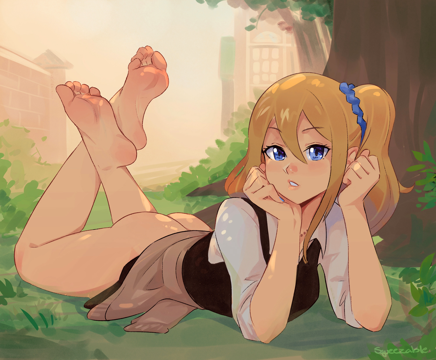 1girls, ass, barefoot, blonde hair, blue eyes, bottomless, cute, dress, exposed ass, eye contact, feet, female, hayasaka ai, kaguya-sama wa kokurasetai ~tensai-tachi no renai zunousen~, looking at viewer, on stomach, school uniform, schoolgirl, schoolgirl uniform, side ponytail, soles, solo, squeezable, the pose, thick thighs