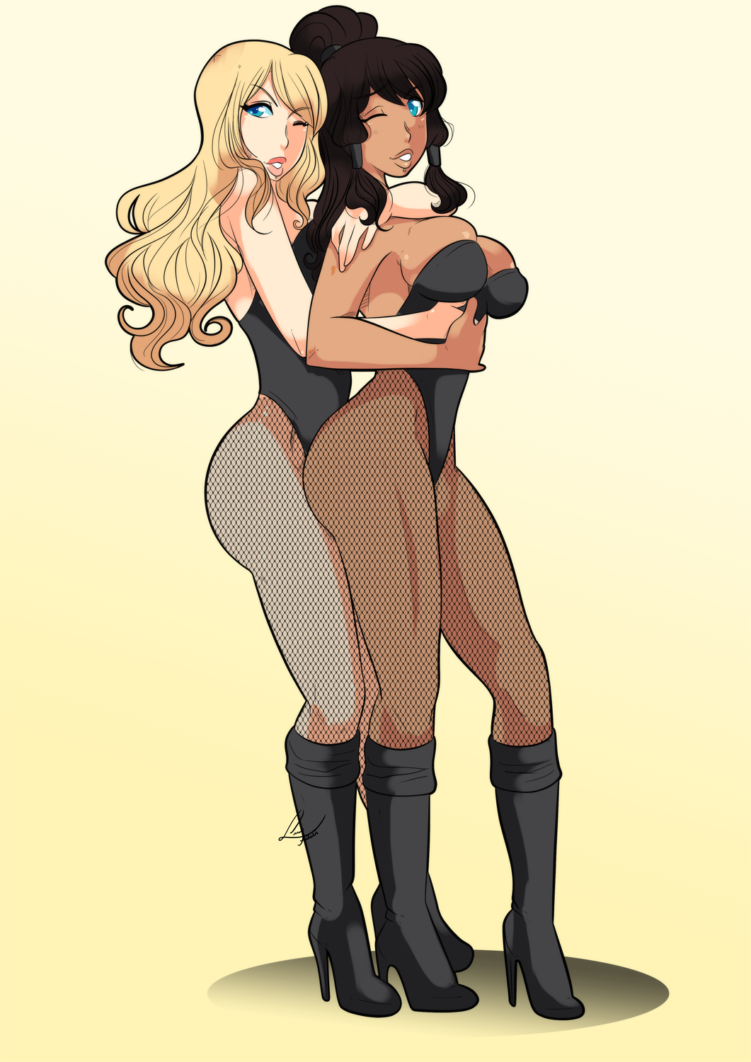 arm_around_neck ass avatar_the_last_airbender big_ass black_boots black_canary black_canary_(cosplay) black_hair black_leotard blonde_hair boots breasts brown_hair bunnysuit busty cleavage clothing crossover dc dc_comics dinah_lance femdom fishnet_legwear fishnet_pantyhose fishnet_stockings fishnets green_arrow_(series) hand_on_hand hand_on_stomach korra large_breasts leotard lufidelis source_request straight_hair the_legend_of_korra thick_thighs thighs yuri