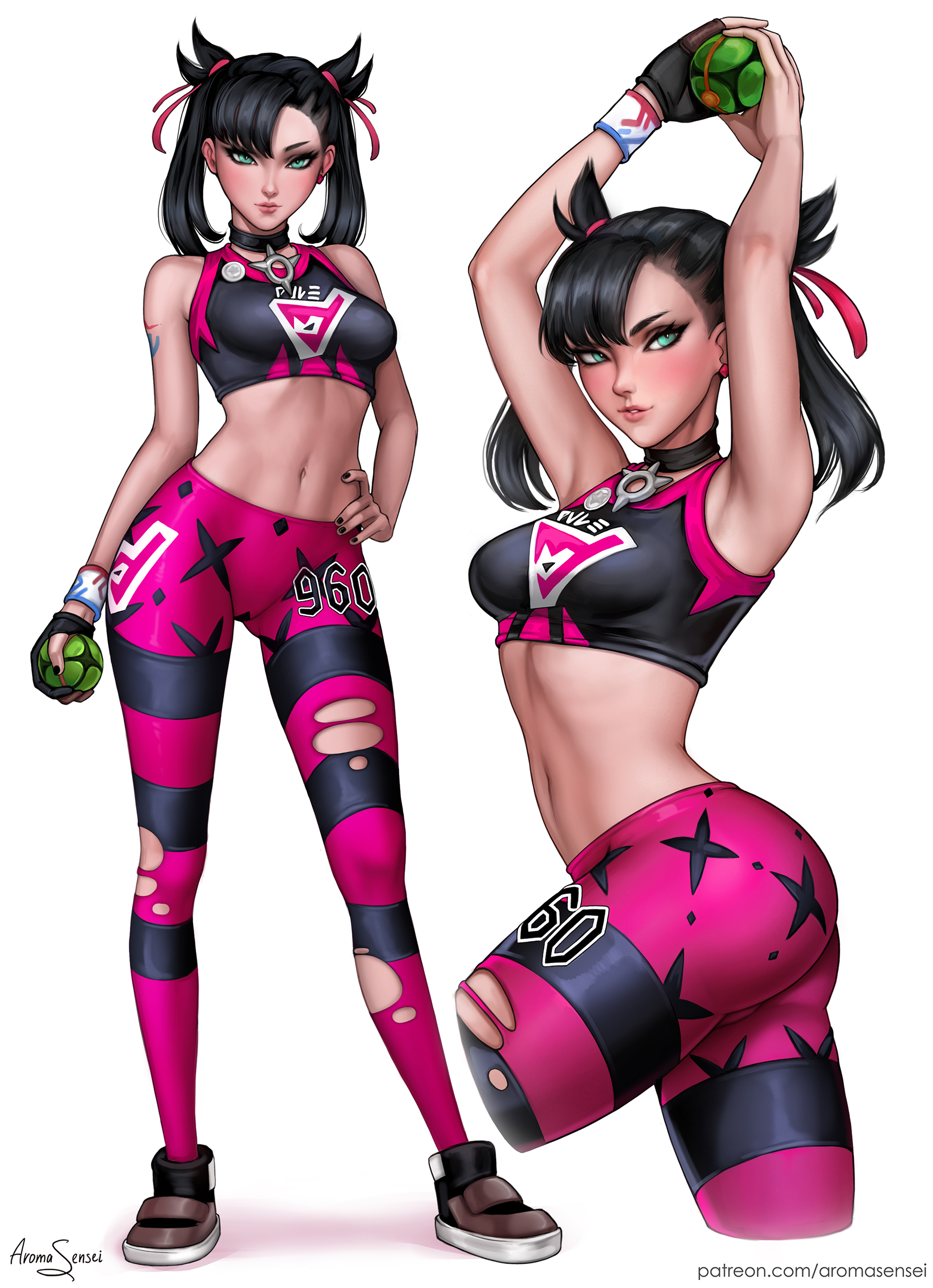1girls, abs, alternate outfit, aroma sensei, ass, black hair, blue eyes, breasts, clothing, curvy, female, fully clothed, gym clothes, human, leggings, marnie (pokemon), medium breasts, pale skin, pokemon, pokemon ss, sportswear, twintails