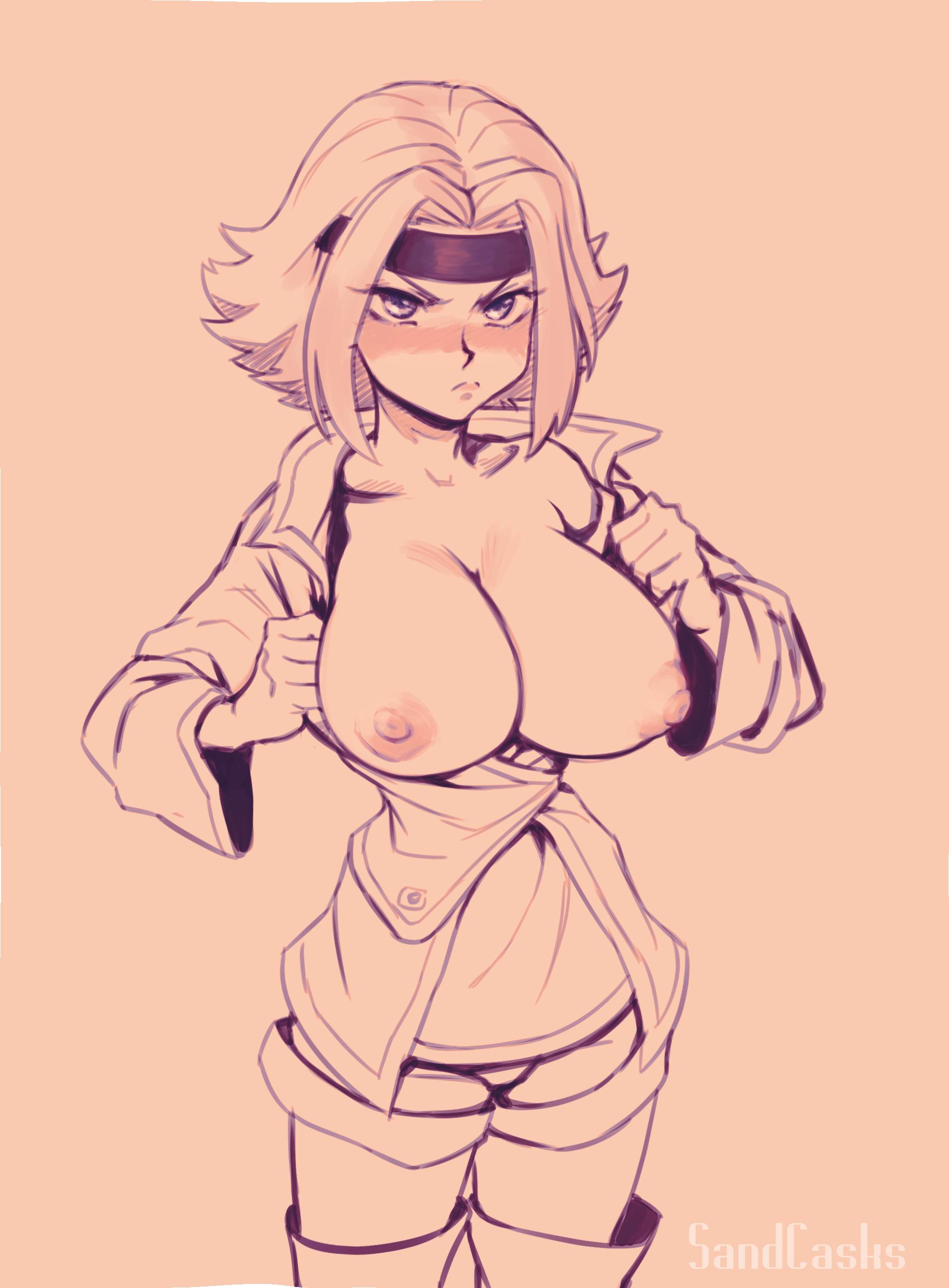 1girls, breasts, breasts out, clothed, code geass, female, flashing, kallen stadtfeld, large breasts, monochrome, presenting breasts, sandcavern, short hair, sketch, solo, standing