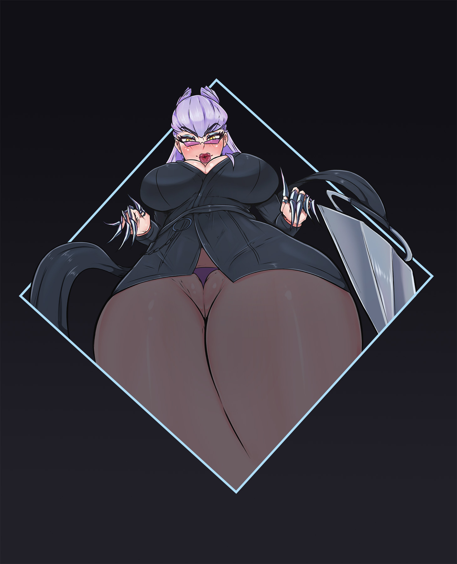 1girls, 2021, alternate costume, big breasts, breasts, evelynn, female, female only, jouljehart, k/da all out evelynn, k/da all out series, k/da series, large breasts, league of legends, looking at viewer, looking over eyewear, looking over glasses, looking over sunglasses, purple-tinted eyewear, riot games, solo, sunglasses, thick thighs, tinted eyewear, wide hips