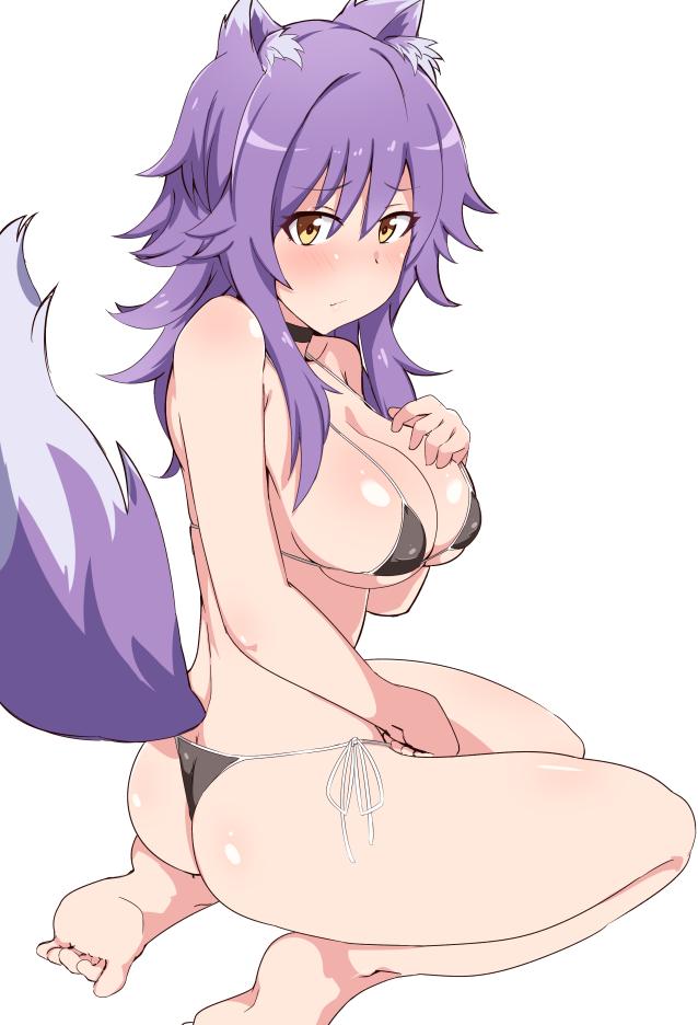 1girls, animal ear fluff, animal ears, ass, bikini, black bikini, blush, breasts, cleavage, feet, female, large breasts, looking back, makoto (princess connect!), micro bikini, princess connect!, purple eyes, seihekiog, simple background, solo, swimsuit, tail, white background, wolf ears, wolf girl, wolf tail, yellow eyes