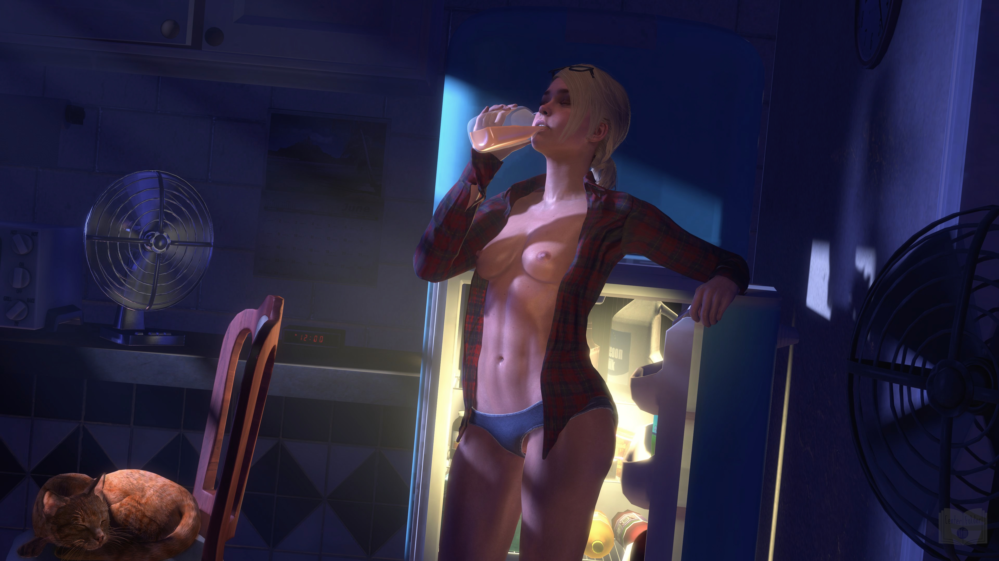 3d, abs, blonde hair, breasts, breasts out, casual, centerfoldersfm, dc, dc comics, drinking, female, glasses on head, injustice 2, kara danvers, kara zor-el, no sex, panties, pink nipples, small breasts, source filmmaker, supergirl, supergirl (injustice), superman (series), wide hips