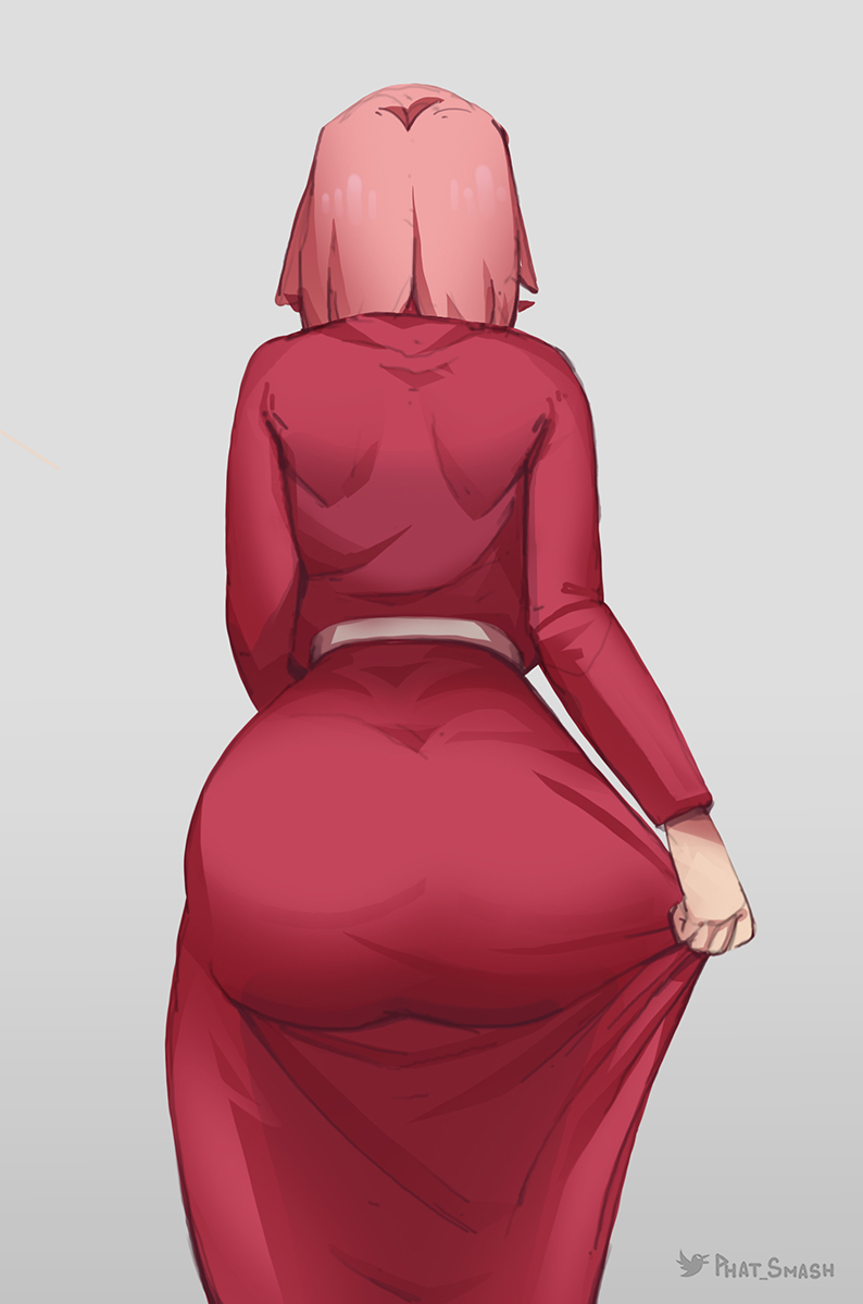 1girls, ass, ass focus, ass in dress, back, back view, dress, facing away, female, female focus, female only, fully clothed, huge ass, huge butt, naruto, naruto (series), naruto shippuden, phat smash, pink hair, pulling clothing, sakura haruno, simple background, solo, solo female, solo focus, thick thighs, tight clothes, tight clothing, wide hips