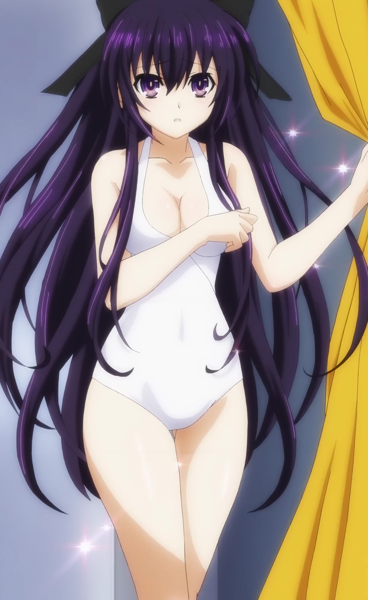 arms, bangs, big breasts, bikini, black hair ornament, breasts, cleavage, date a live, female, hands, nervous, one-piece swimsuit, open mouth, purple eyes, purple hair, swimsuit, swimwear, thighs, white skin, white swimsuit, white swimwear, yatogami tohka