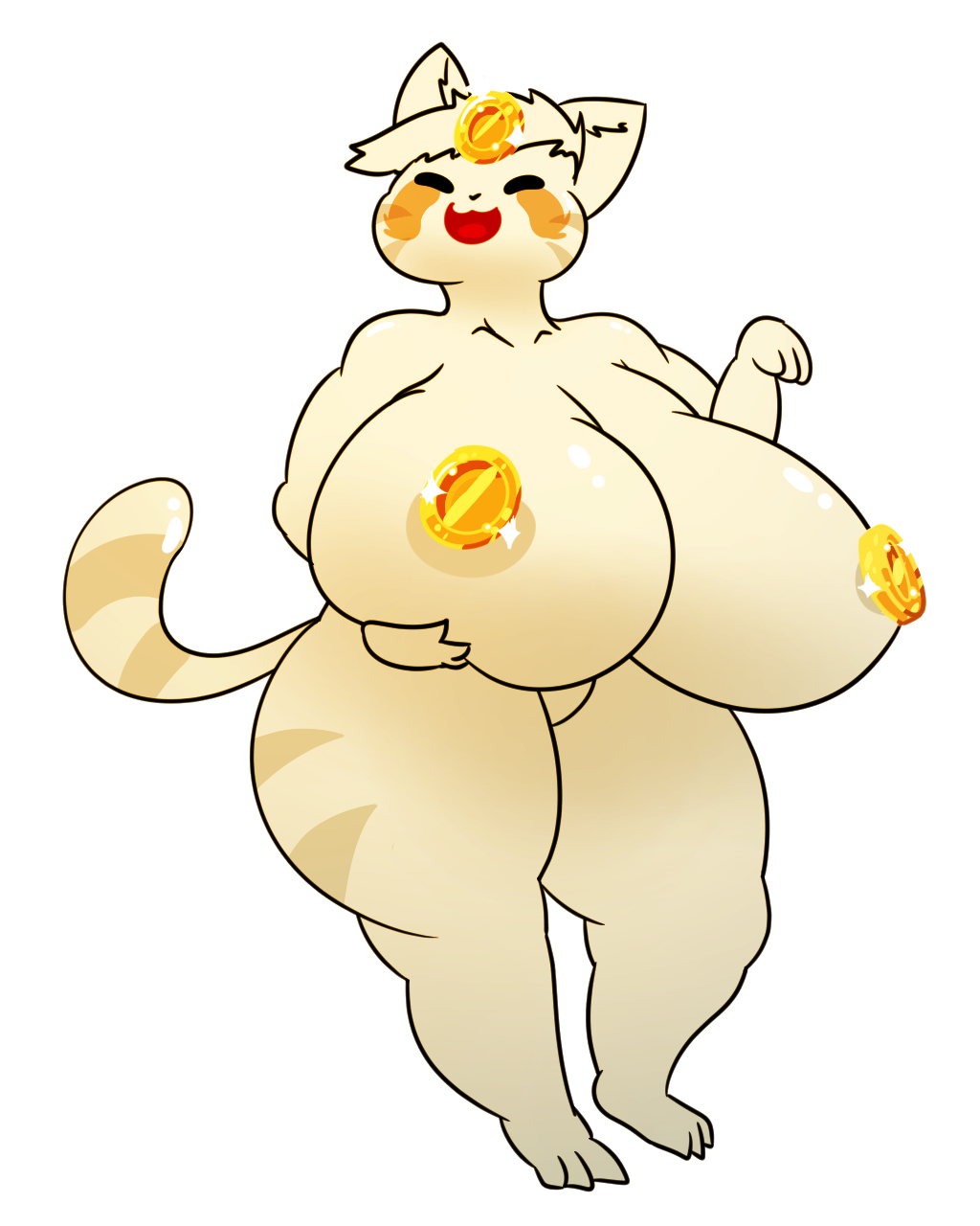 anthro big_breasts breasts coin domestic_cat feline glistening goo_creature happy huge_breasts hyper hyper_breasts lucky_slime nipples nude slime slime_rancher thick_thighs toot toot_thunderthighs wide_hips