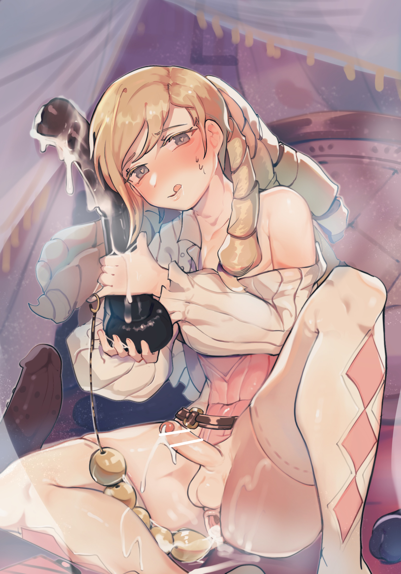 1boy, after anal, anal beads, balls, blonde hair, byebyefrog, censored, cum, diamond (shape), dildo, drill hair, erection, femboy, fire emblem, fire emblem fates, foreskin, forrest (fire emblem), girly, highres, huge dildo, looking at viewer, male, nintendo, off shoulder, otoko no ko, penis, sex toy, smile, solo, solo male, spread legs, testicles, thighhighs, trap, uncircumcised