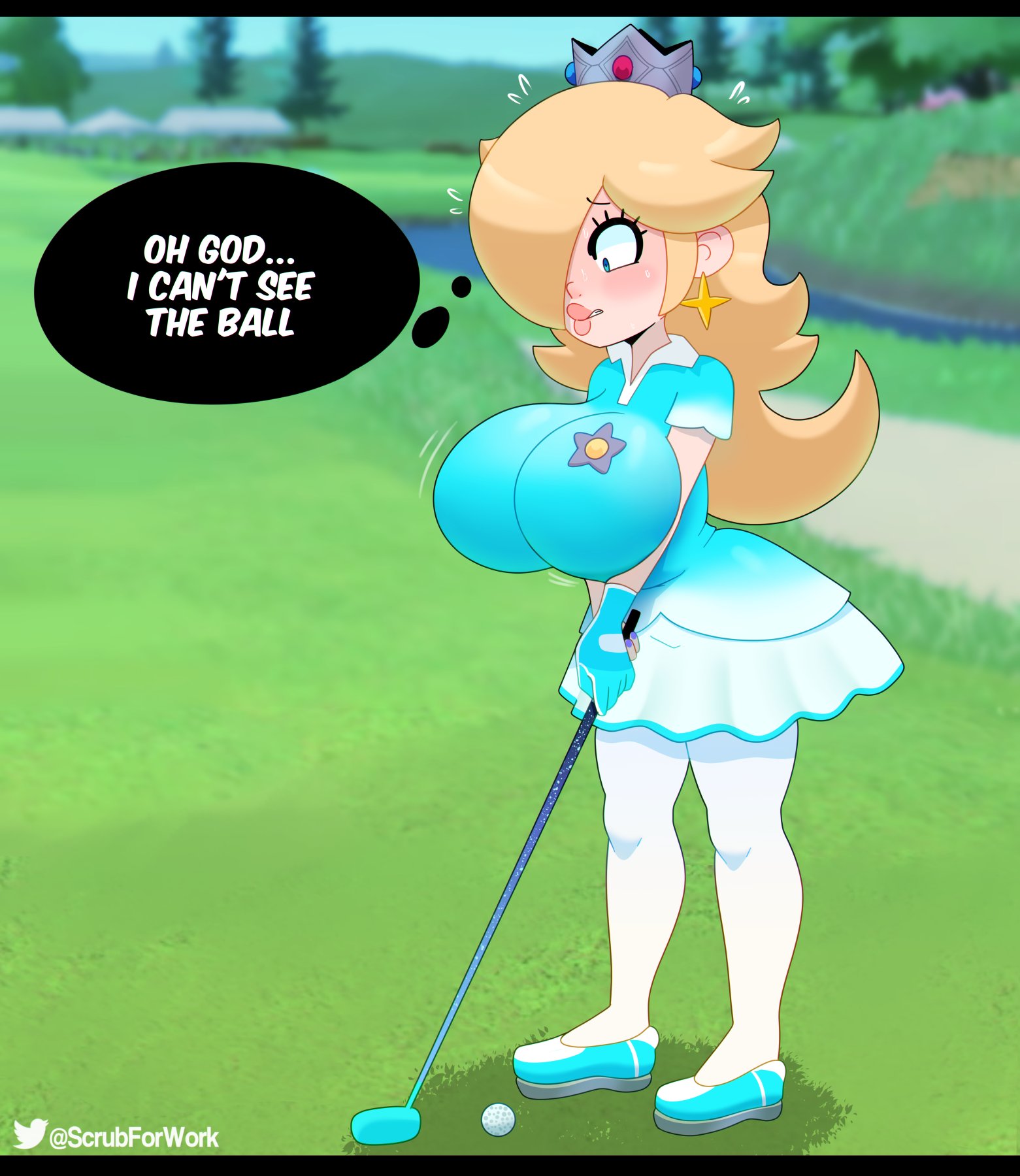 1girls, alternate breast size, ass, big ass, big butt, breast squeeze, breasts, cleavage, female, female only, fully clothed, golf, golf ball, huge breasts, humor, inconvenient breasts, large ass, large butt, mario (series), mario golf, matrio, nintendo, princess rosalina, princess rosalina (super rush), realization, shortstack, shortstackification, skirt, solo, somescrub