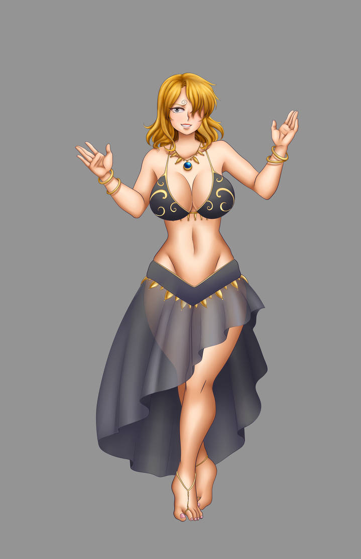 anklet bare_shoulders barefoot belly_dancer belly_dancer_outfit big_breasts bikini_top blonde_hair blue_eyes bracelet dancer_outfit female female_only jewelry midriff necklace one_eye_covered one_piece pink_toenails rezuban rule_63 sanji see-through smile vinsmoke_sanji wide_hips