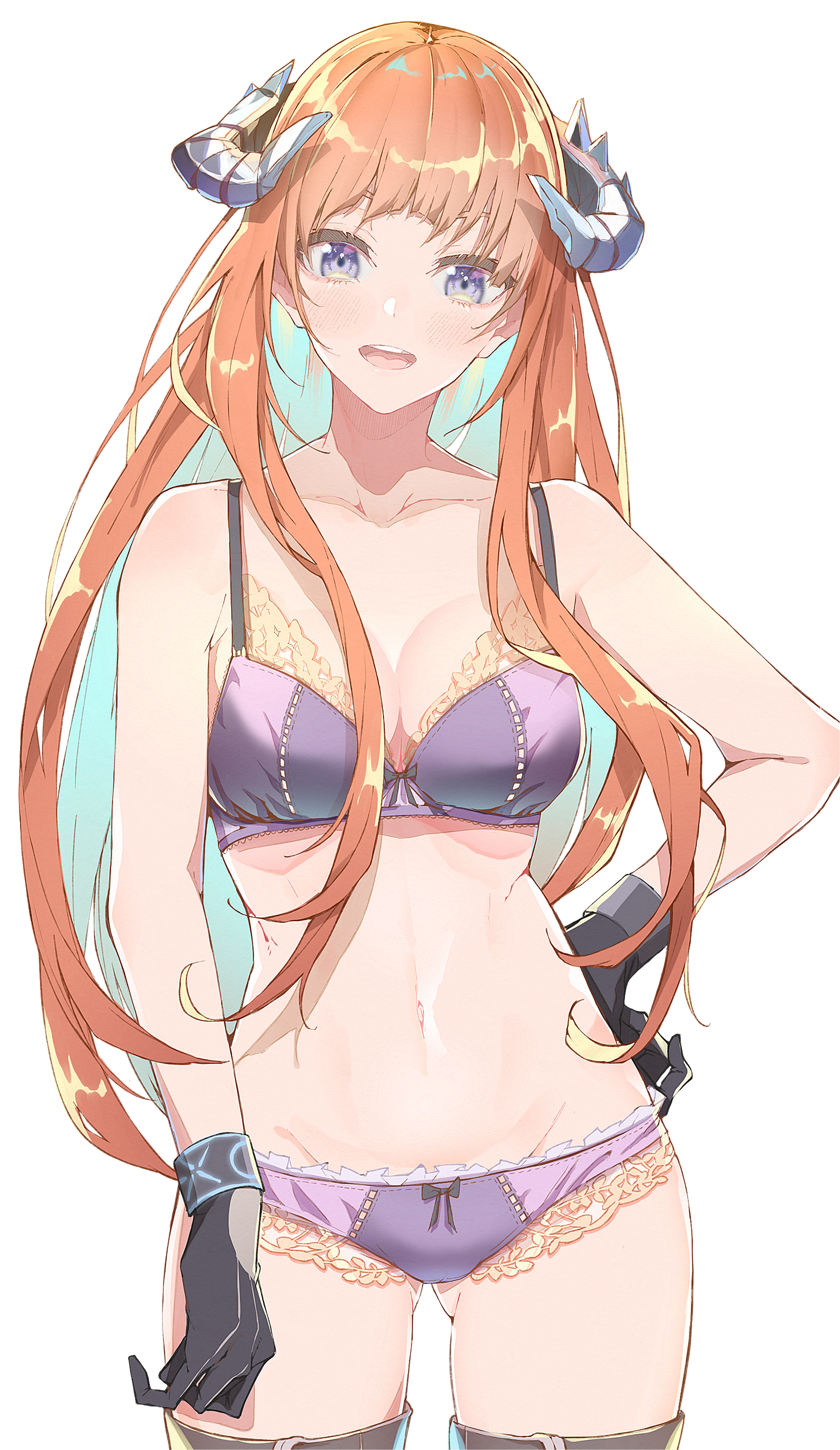 arknights, ass visible through thighs, bagpipe (arknights), big breasts, blue eyes, blush, bra, breasts, collarbone, e sky rugo, female, female only, ginger hair, gloves, happy, horns, lace-trimmed bra, lace-trimmed panties, lingerie, long hair, looking at viewer, mouth open, navel, open mouth, orange hair, panties, purple bra, purple clothes, purple clothing, purple panties, purple underwear, solo female, tagme, thick thighs, thighs, underwear, underwear only, very long hair, white background