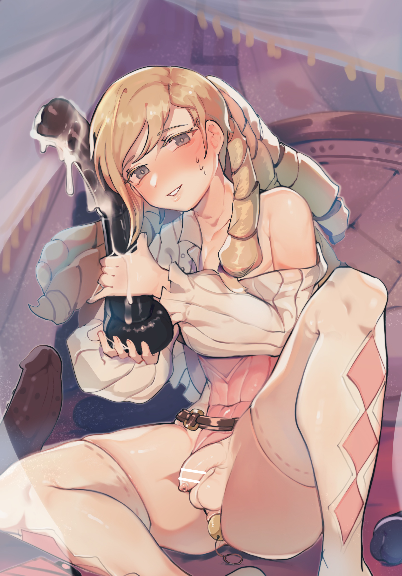 1boy, anal, anal beads, anal object insertion, balls, blonde hair, byebyefrog, censored, diamond (shape), dildo, drill hair, femboy, fire emblem, fire emblem fates, flaccid, foreskin, forrest (fire emblem), girly, highres, huge dildo, looking at viewer, male, nintendo, object insertion, off shoulder, otoko no ko, penis, sex toy, smile, solo, solo male, spread legs, testicles, thighhighs, trap, uncircumcised