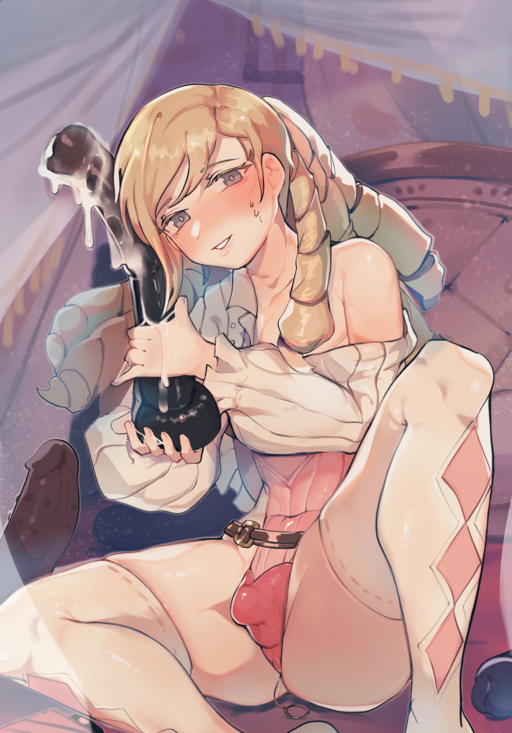 1boy, anal beads, blonde hair, bulge, byebyefrog, covered penis, diamond (shape), dildo, drill hair, femboy, fire emblem, fire emblem fates, forrest (fire emblem), girly, highres, huge dildo, looking at viewer, male, male only, nintendo, off shoulder, otoko no ko, penis, sex toy, smile, solo, solo male, spread legs, thighhighs, trap