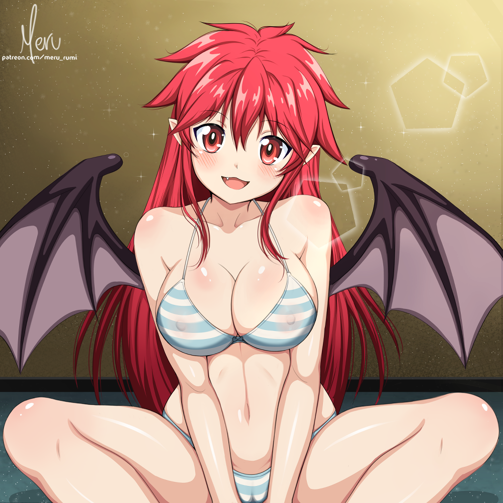 arm_support bare_legs bat_wings bra breast_press breasts cameltoe cleavage curvy demon_girl demon_wings eyebrows_visible_through_hair eyes_visible_through_hair female indoors itadaki!_seieki jacket large_breasts legs_apart meru_rumi naughty_face nipples oerba_yun_fang open_mouth panties pointy_ears red_eyes red_hair setogaya_mari shiny shiny_hair shiny_skin side-tie_panties sitting smile solo solo_focus striped striped_panties succubus underwear vampire wings