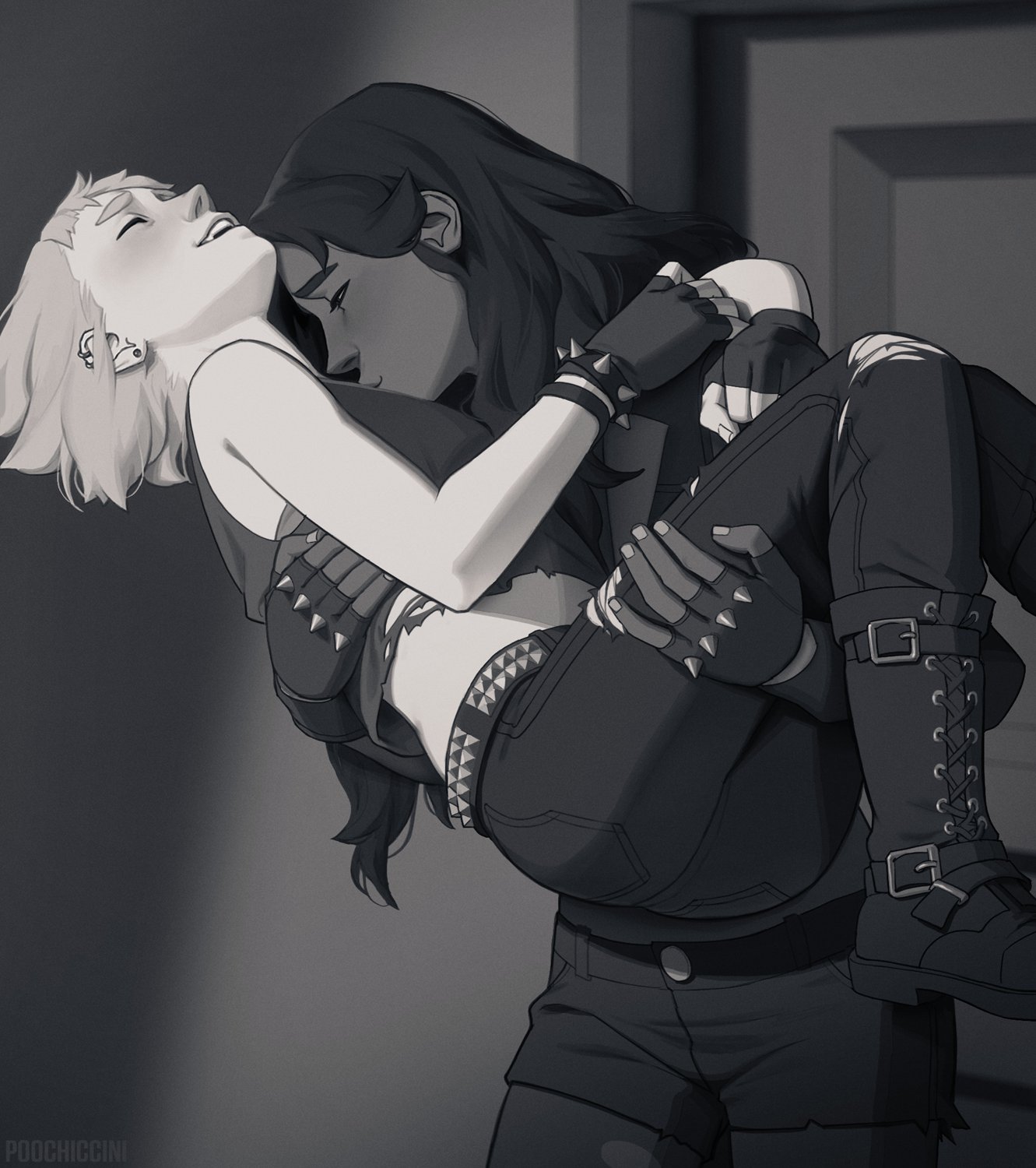 2girls, boots, bridal carry, carrying, crop top, dark skin, female, fingerless gloves, humanized, jeans, kissing, kissing chest, long hair, marina (splatoon), monochrome, pearl (splatoon), poochiccini, ripped clothing, short hair, spikes, splatoon, splatoon 2, thighhigh boots, wholesome, yuri