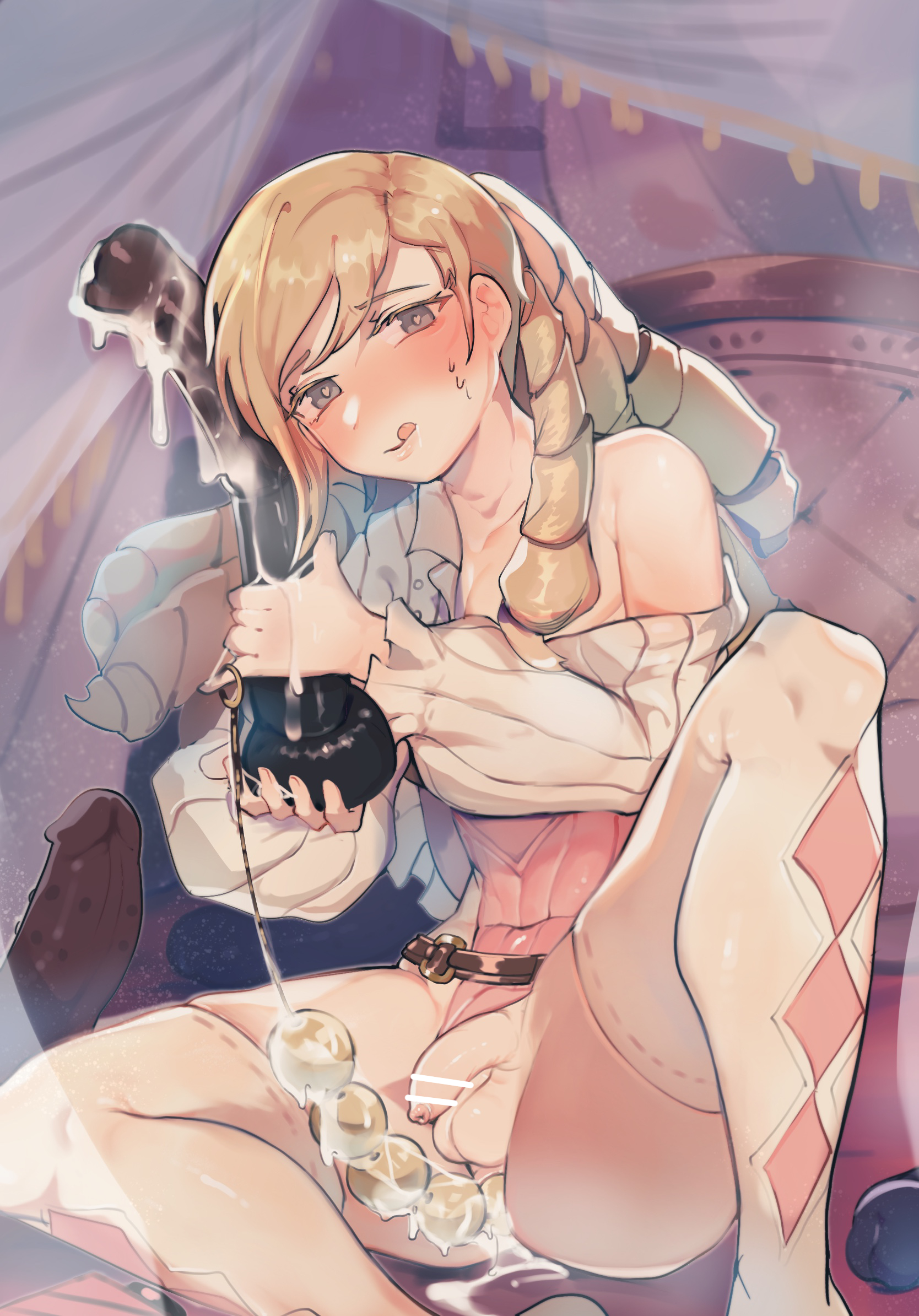 1boy, anal, anal beads, anal object insertion, balls, blonde hair, byebyefrog, censored, diamond (shape), dildo, drill hair, femboy, fire emblem, fire emblem fates, flaccid, foreskin, forrest (fire emblem), girly, highres, huge dildo, licking lips, looking at viewer, lube, male, nintendo, object insertion, off shoulder, otoko no ko, penis, sex toy, smile, solo, solo male, spread legs, testicles, thighhighs, tongue, tongue out, trap, uncircumcised