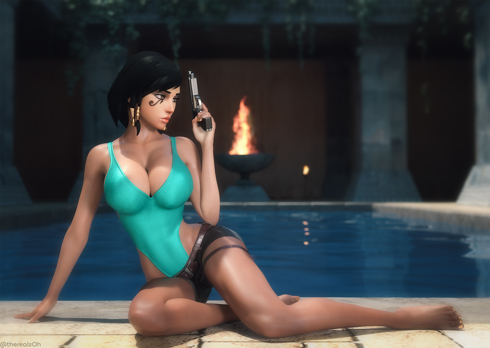 3d, 3d (artwork), barefoot, big breasts, black hair, blizzard entertainment, bodysuit, breasts, cleavage, crossover, embracer group, eye of horus, feet, female, gun, lara croft (cosplay), overwatch, pharah, pistol, short hair, therealzoh, thick lips, tomb raider