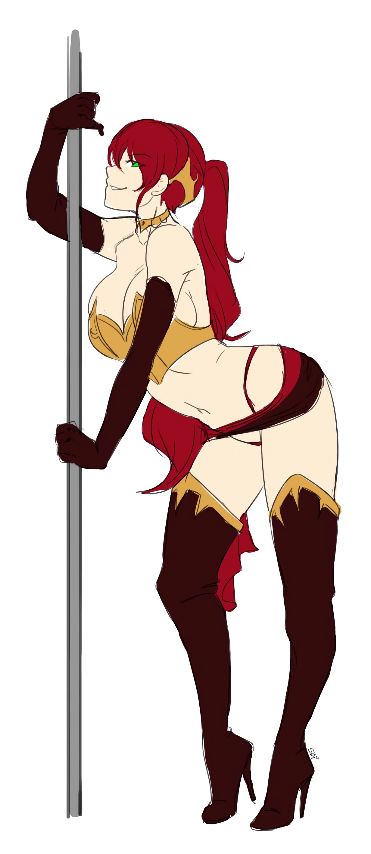 1girls, boots, breasts, circlet, clothing, collar, female, female focus, female only, heels, high heel boots, high heels, high ponytail, human, large breasts, long hair, panties, pole, pole dancing, ponytail, pyrrha nikos, red hair, rwby, shiny hair, shiny skin, sinccubi, stripper pole, thighhigh boots, thong