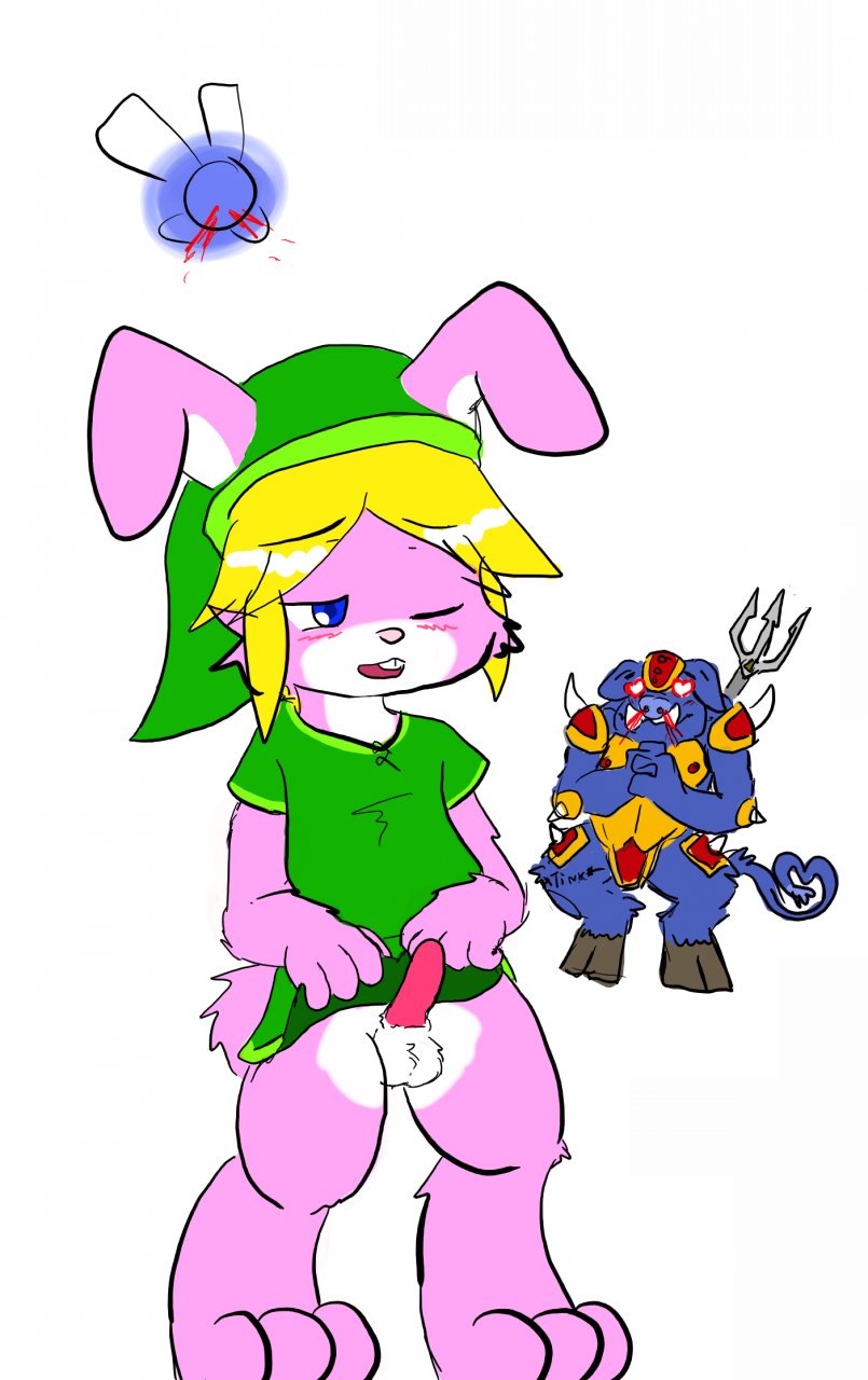 a_link_to_the_past anthro blue_fur boar femboy furry ganon heart_shaped_tail link link_(rabbit_form) navi nintendo nosebleed ocarina_of_time penis pink_fur rabbit straight_hair the_legend_of_zelda trident