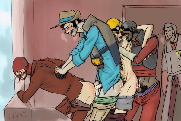 5boys anal_penetration anal_sex arm_held arms_behind_back balaclava balls_deep bent_forward cigarette closed_eyes cum_in_ass cum_while_penetrated dark-skinned_male demoman engineer eye_patch forced_yaoi gloves goggles_on_hat hard_hat heavy_breathing in45 kissing labcoat man_train medic orgasm_face orgasm_from_anal pants_down penis_size_difference scars sniper spank_marks spy team_fortress_2 tongue_kiss topless underwear_down walk-in watch_cap yaoi