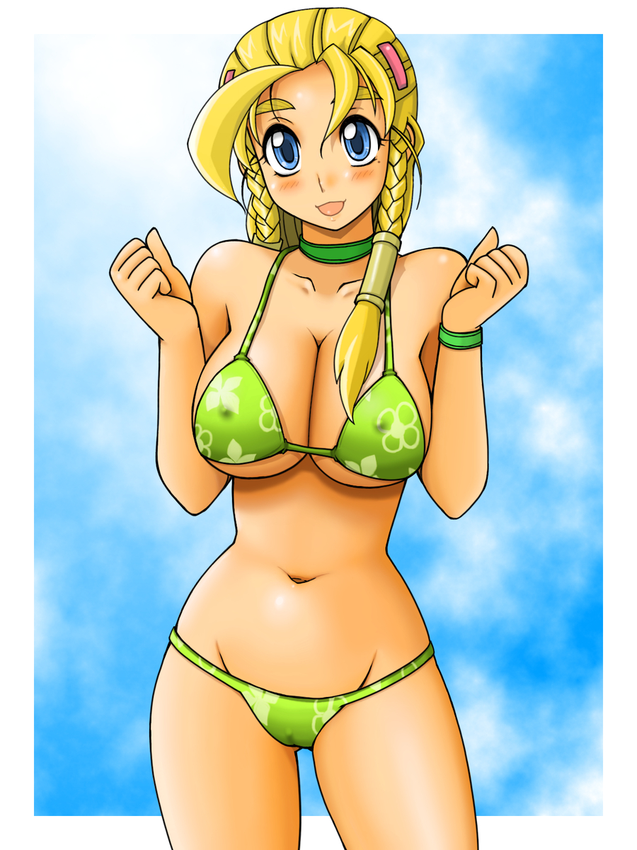 1girls bikini blonde_hair blue_eyes blush breasts cryptobiosis erect_nipples female female_only green_bikini highres history's_strongest_disciple_kenichi large_breasts miu_furinji smile solo swimsuit tsumitani_daisuke