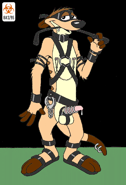 1990s 1995 1boy 20th_century anthro bdsm biohazard_(artist) bondage bondage_gear bondage_harness bondage_outfit chastity chastity_cage chastity_device disney footwear furry handcuffs make male_chastity male_only mammal mask meerkat nipple_chain nipple_clamps penis piercings riding_crop sandals solo solo_male tagme testicles the_lion_king timon