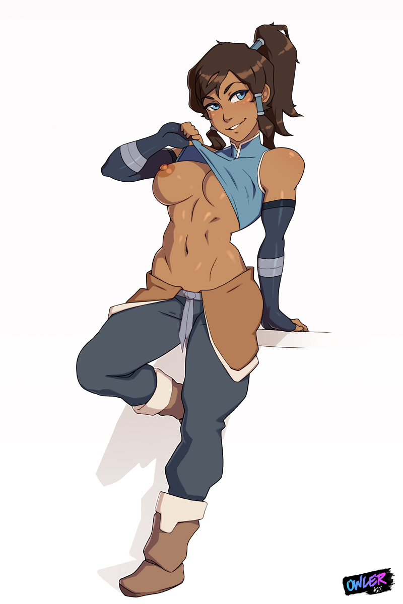 1girls, abs, areolae, arm gloves, artist name, athletic, athletic female, avatar legends, blue eyes, blue shirt, boots, breasts, clothing, dark skin, dark-skinned female, female, female protagonist, fingerless gloves, flashing, full body, gloves, korra, large breasts, medium breasts, muscular, muscular female, nipples, one breast out, owler, pants, partially clothed, ponytail, shirt lift, shoes, smile, solo, straight hair, the avatar, the legend of korra, tomboy, water tribe