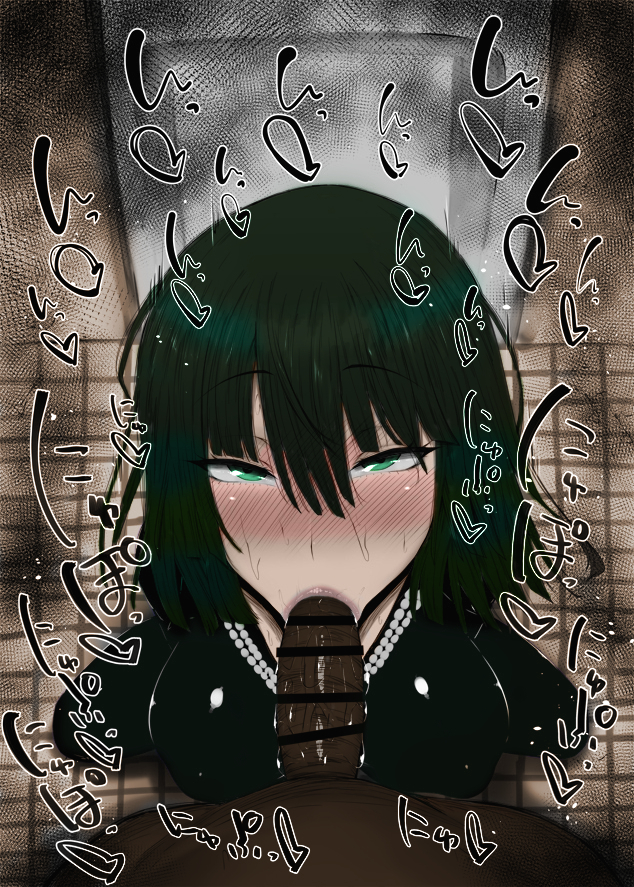 1boy, 1girls, big breasts, big penis, black penis, blowjob, blush, breasts, censored, colored, coloured, dark skin, dark-skinned male, drool, fellatio, female, fubuki (one-punch man), green eyes, green hair, kurotama, male, male pov, one-punch man, oral, penis, sweat