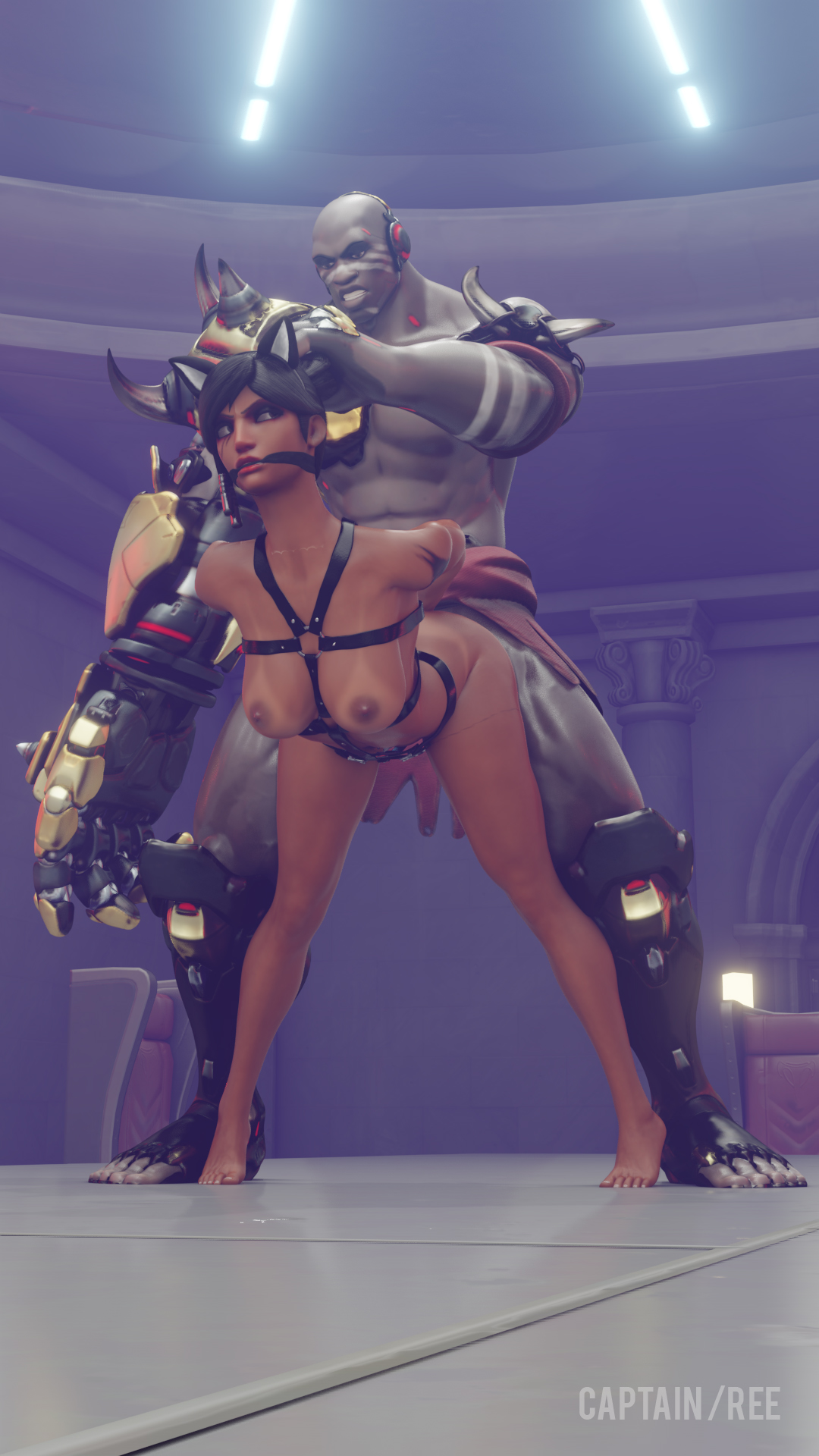 1girls, 3d, bent over, blender, blender (software), bondage, bondage gear, bondage outfit, captain ree, dark skin, dark-skinned male, doomfist, female, forced, forced sex, gag, gagged, male, overwatch, pharah, rape, standing, standing sex